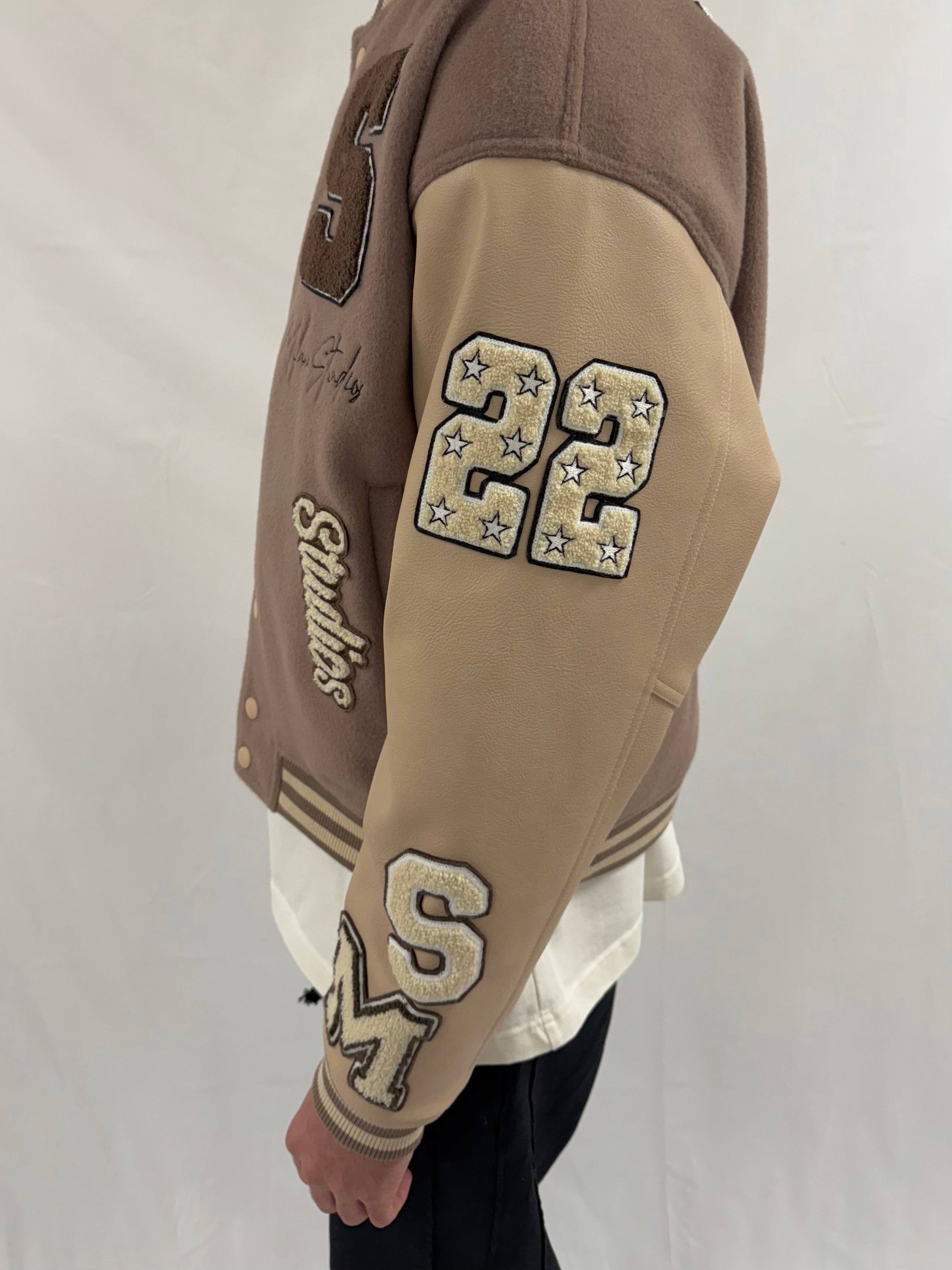 Brown Heavyweight Varsity Bomber Jacket.