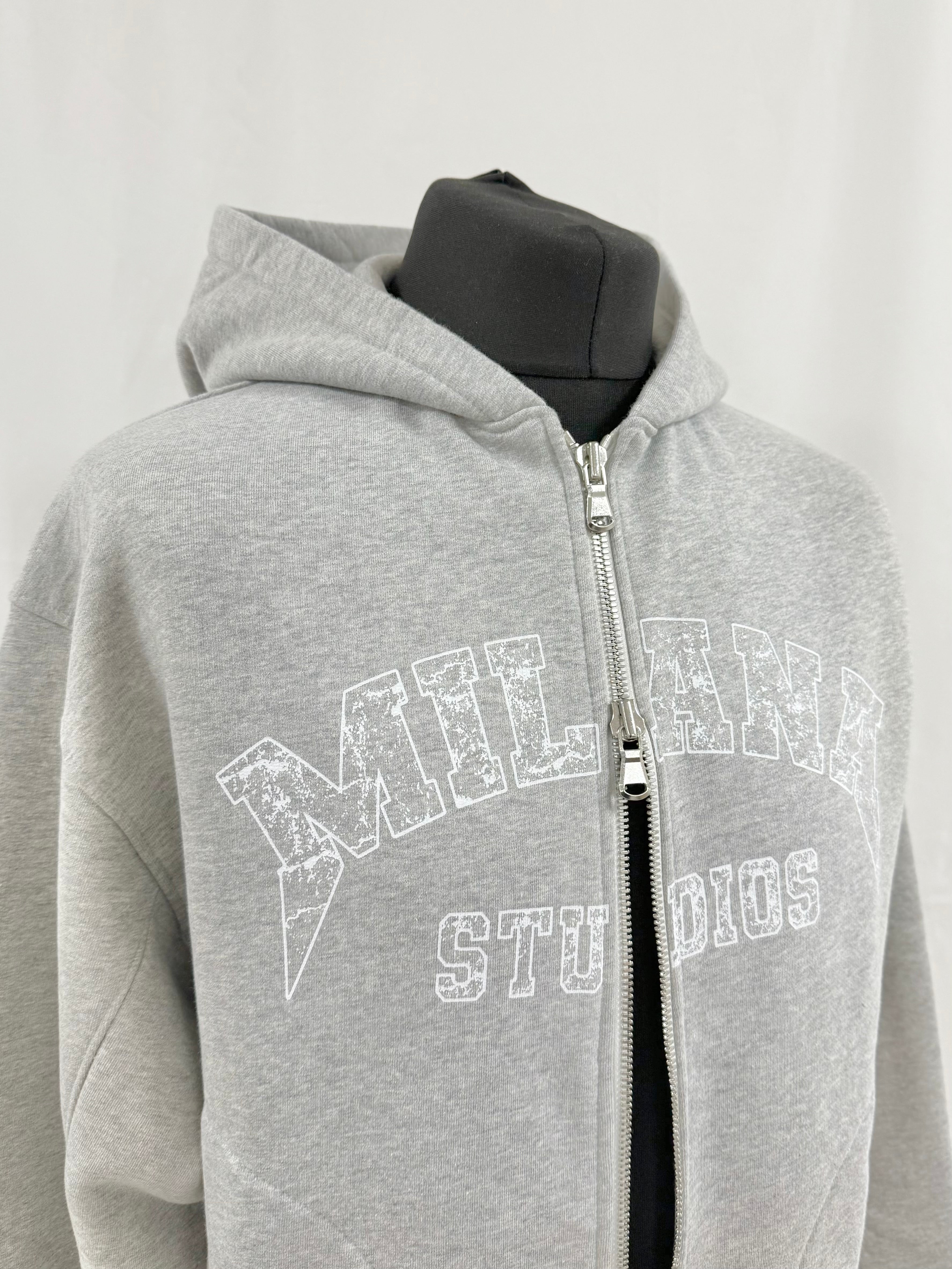 Marl Grey Arched Heavyweight Zip Hoodie.