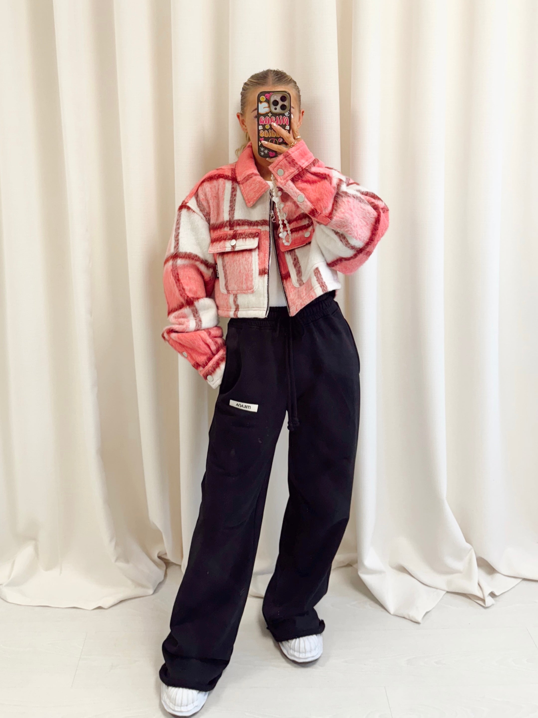 Pink Check Cropped Flannel Trucker Jacket.