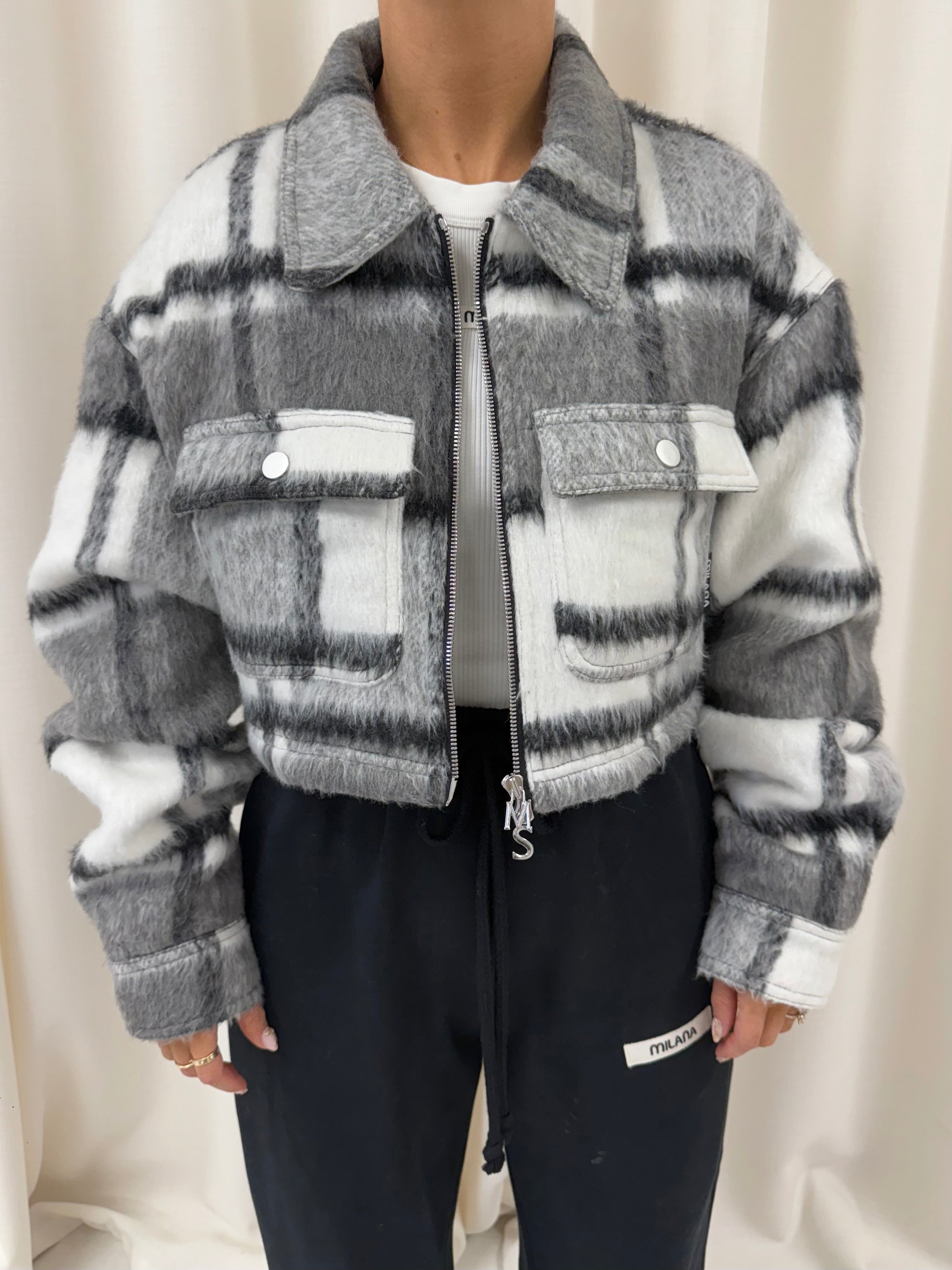 Charcoal Check Cropped Flannel Trucker Jacket.