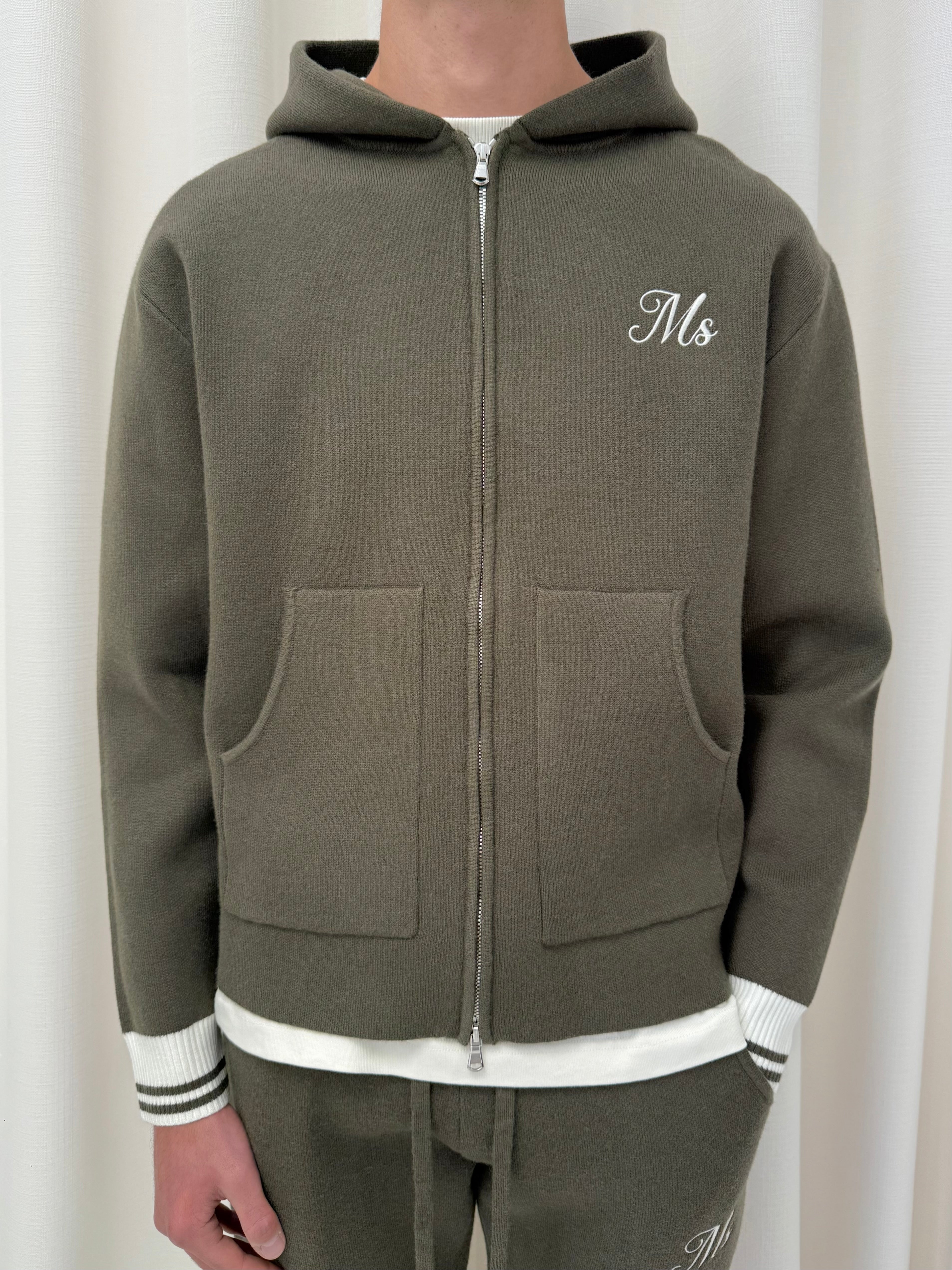Khaki Green MS Knitted Heavyweight Zip Hoodie.