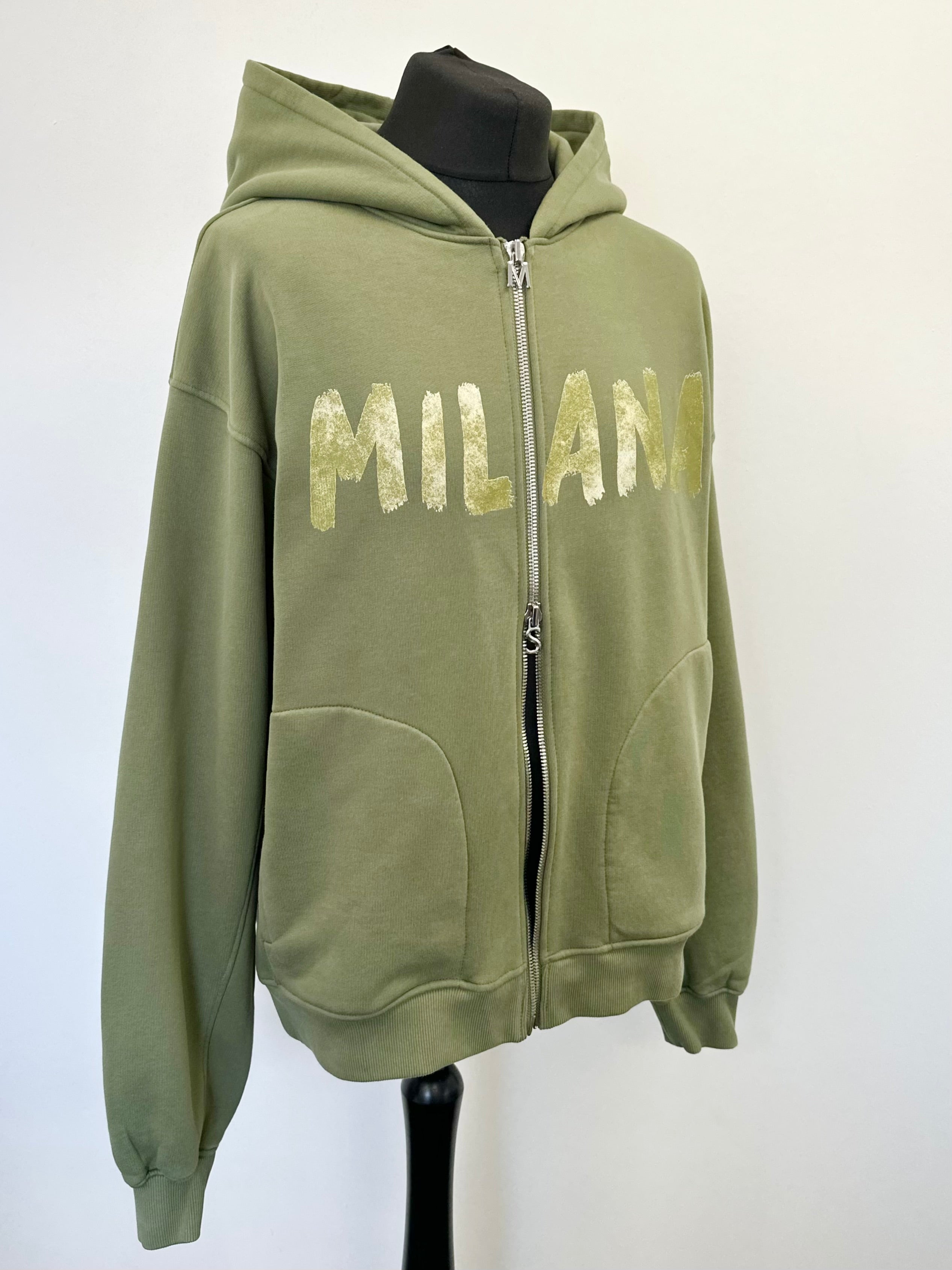 Military Green Paint Heavyweight Zip Hoodie.