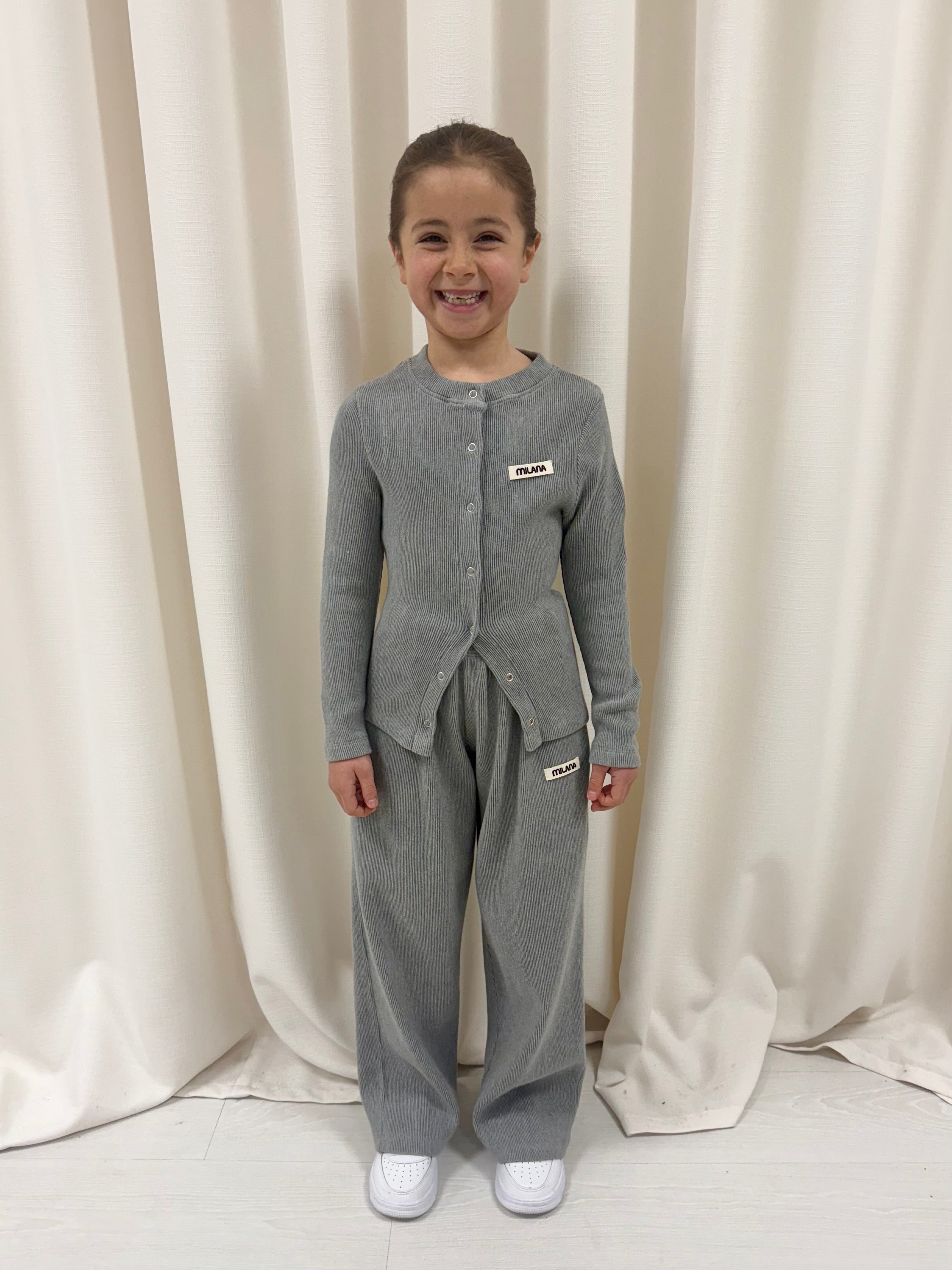 Marl Grey Button Soft Rib Kids Long Sleeve.