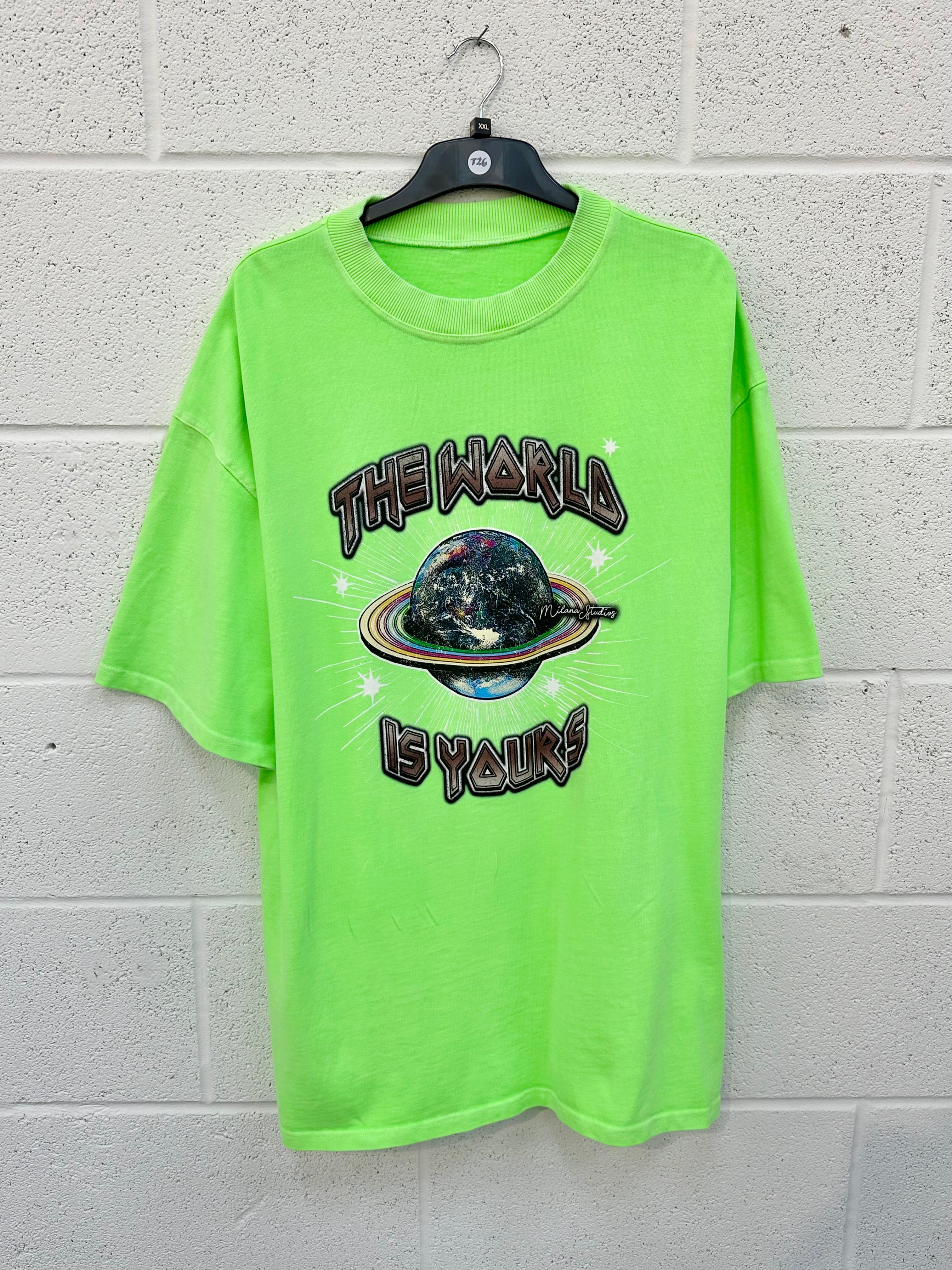 #T26 Washed Neon Green Planet Heavyweight T-shirt.