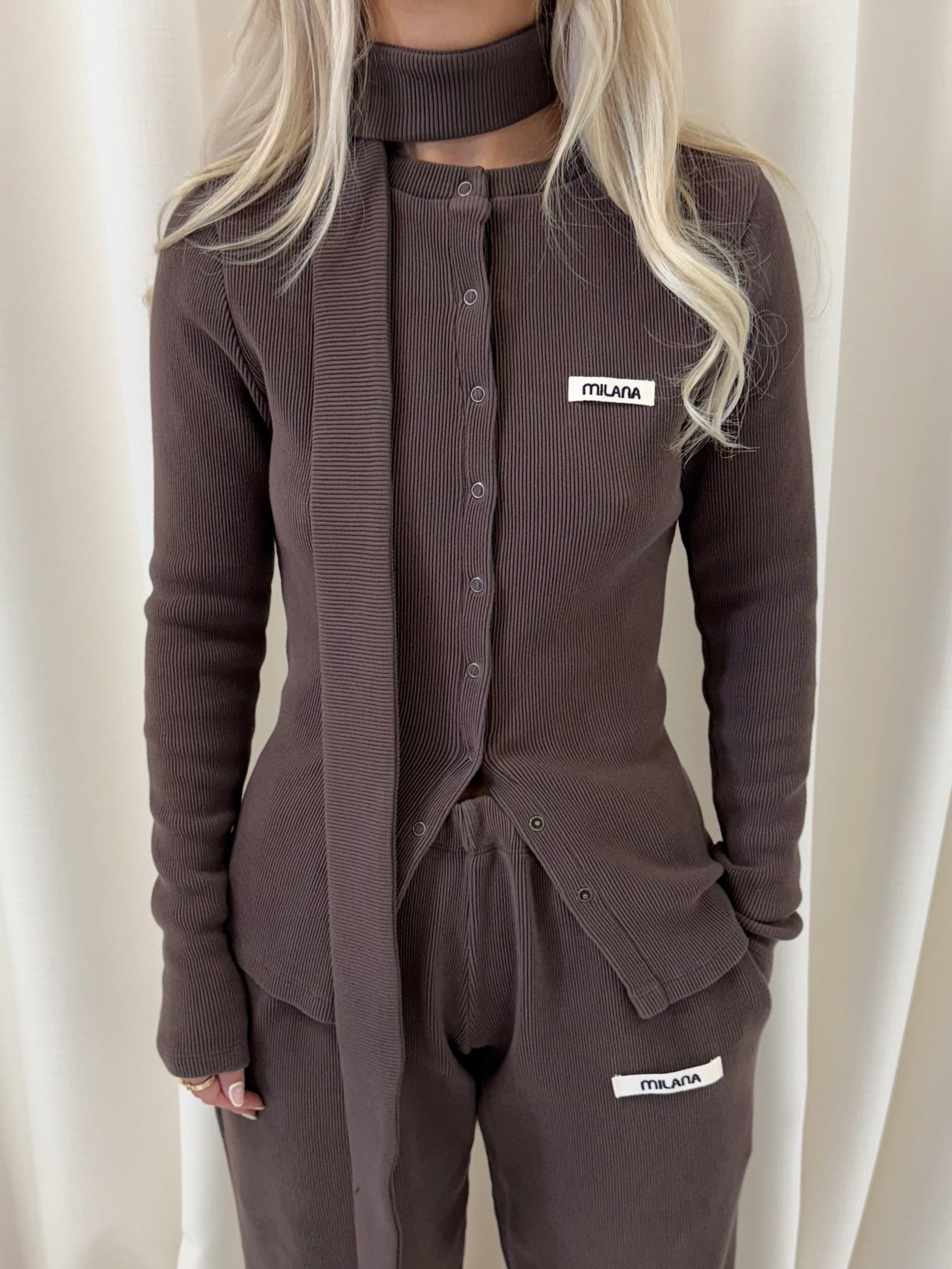 Chocolate Brown Core Button Soft Rib Long Sleeve.