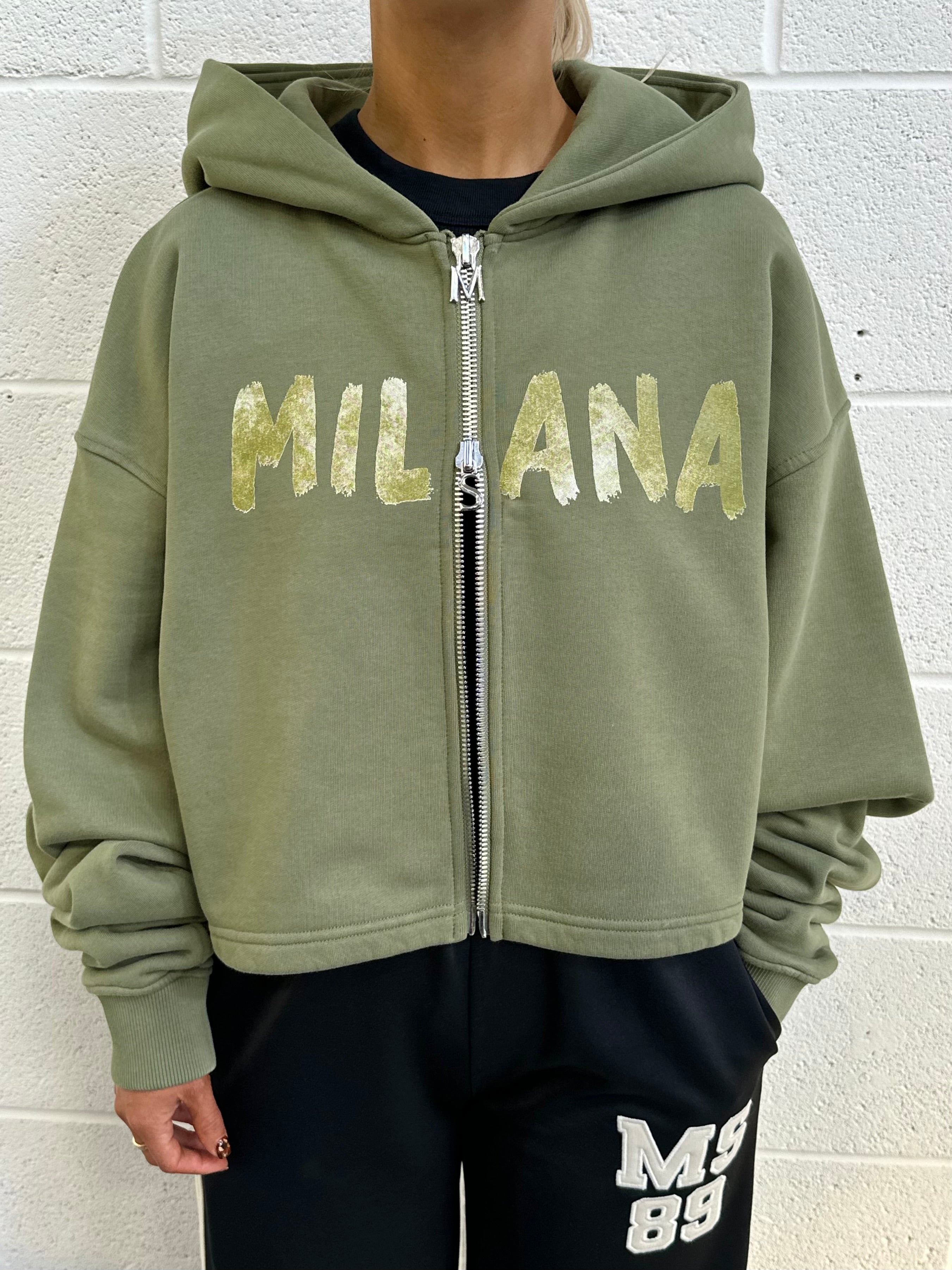 Military Green Paint Cropped Heavyweight Zip Hoodie.