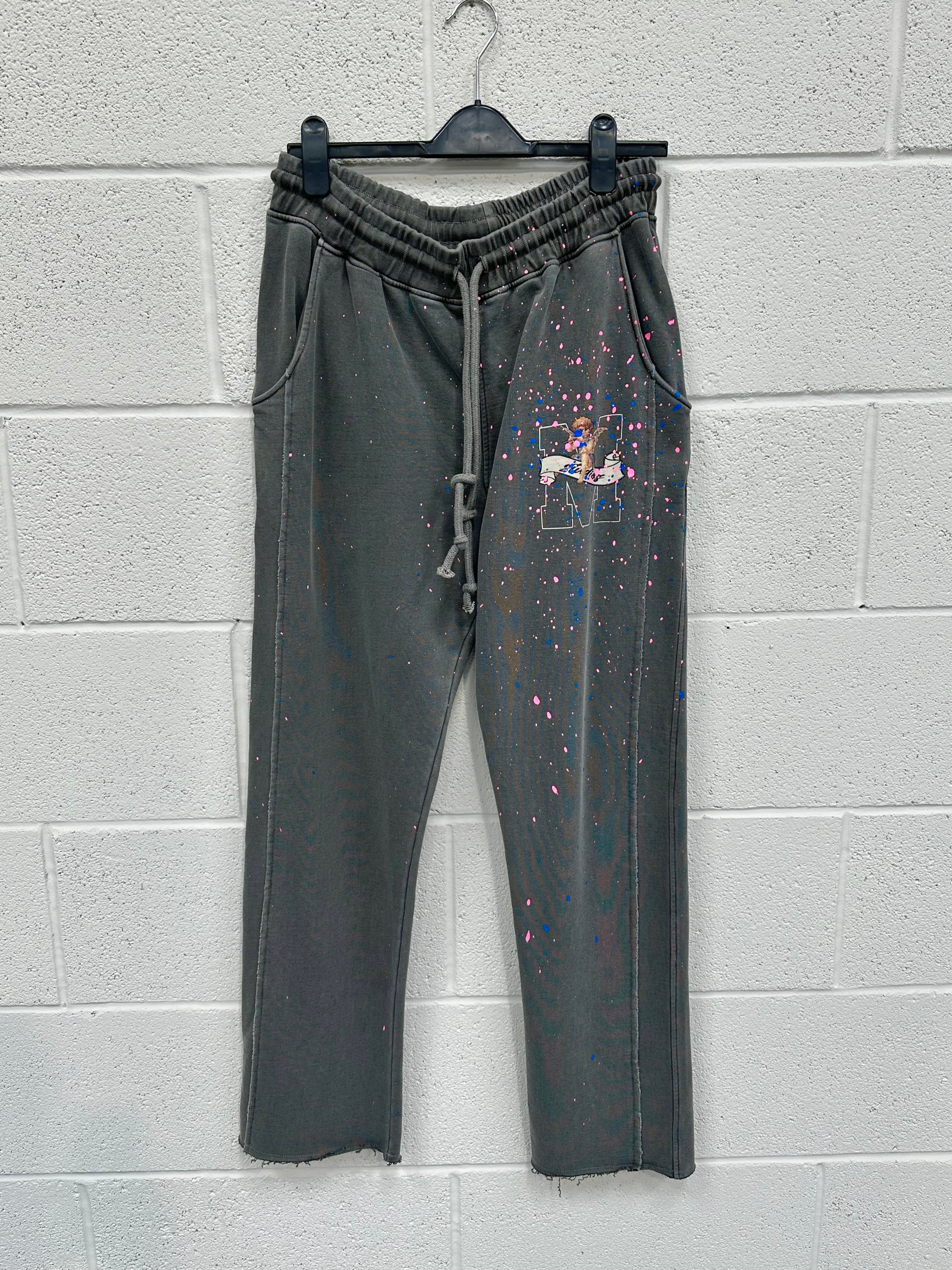 #M9 Washed Charcoal Cherub Splatter Heavyweight Sweatpants.