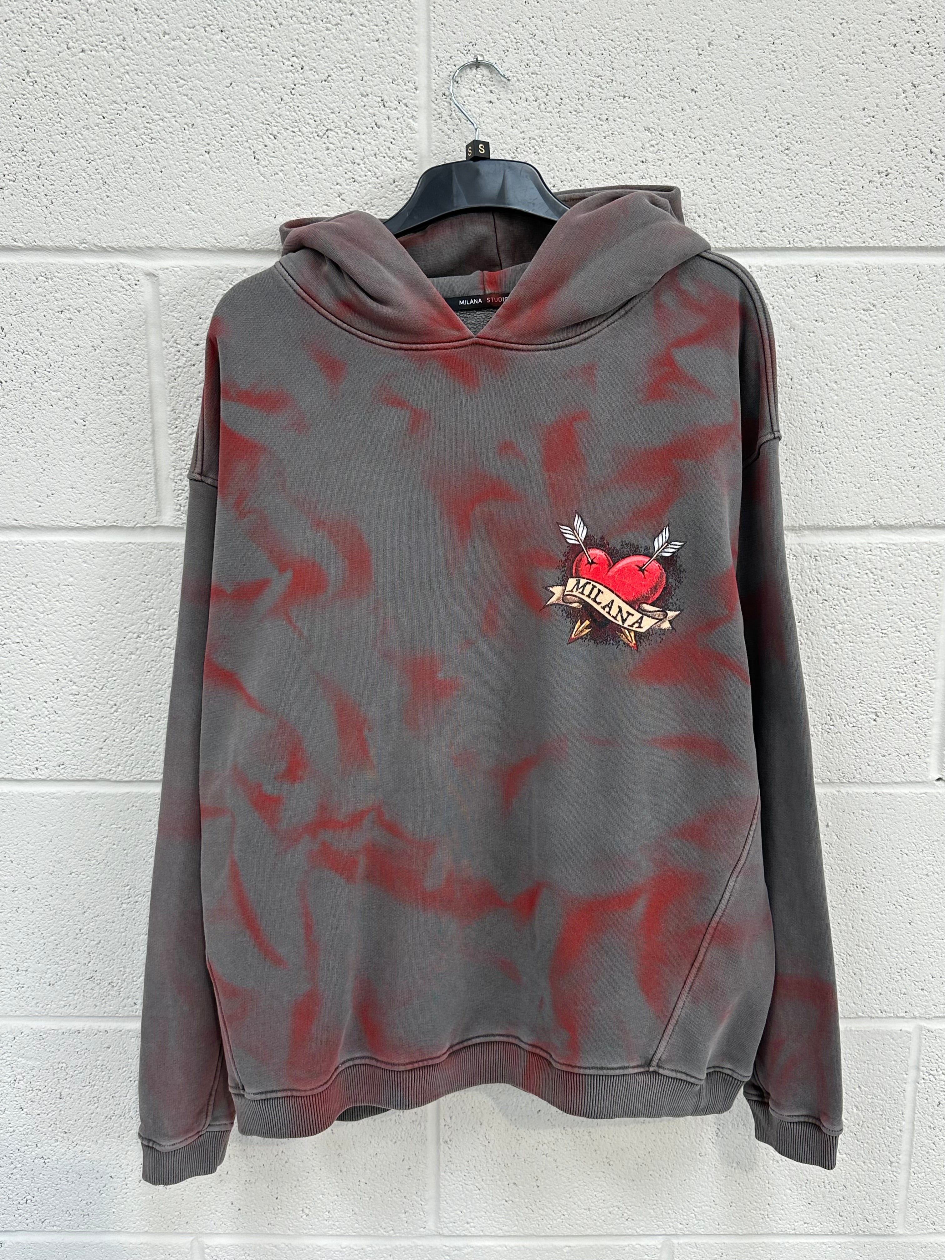 #A12 Washed Charcoal Hearts Paint Effect Heavyweight Hoodie.