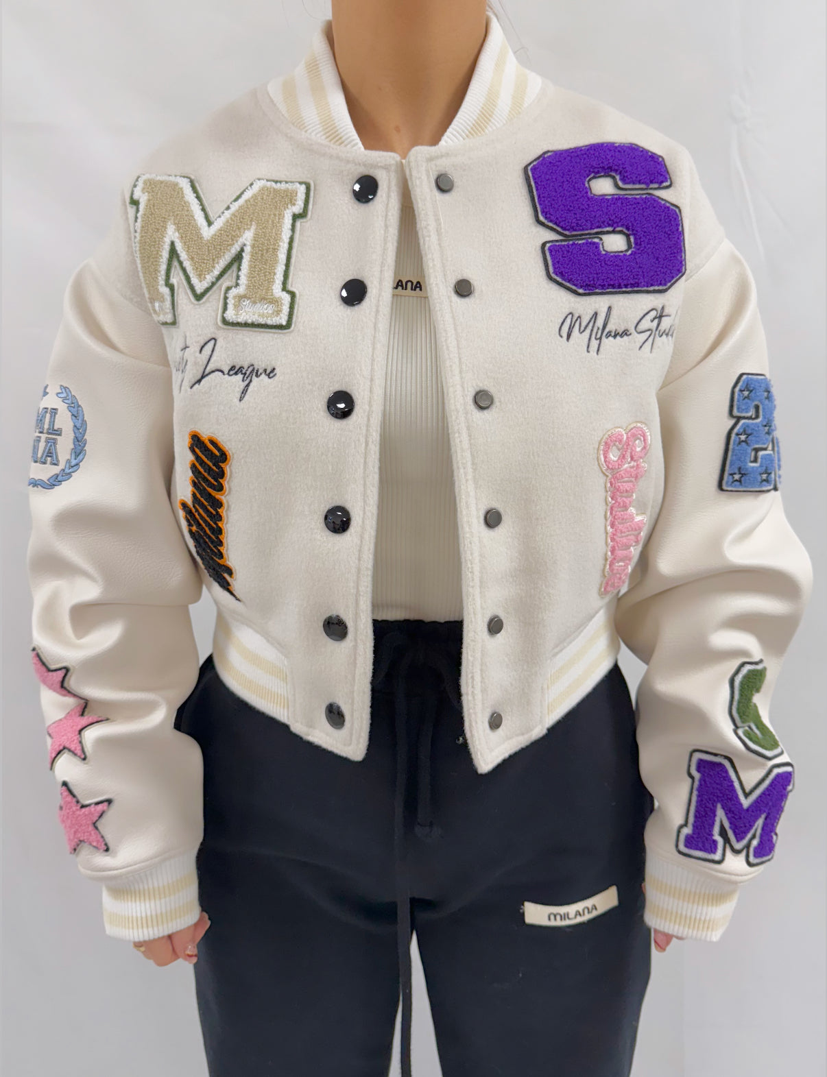 Cream Heavyweight Cropped Varsity Bomber Jacket.