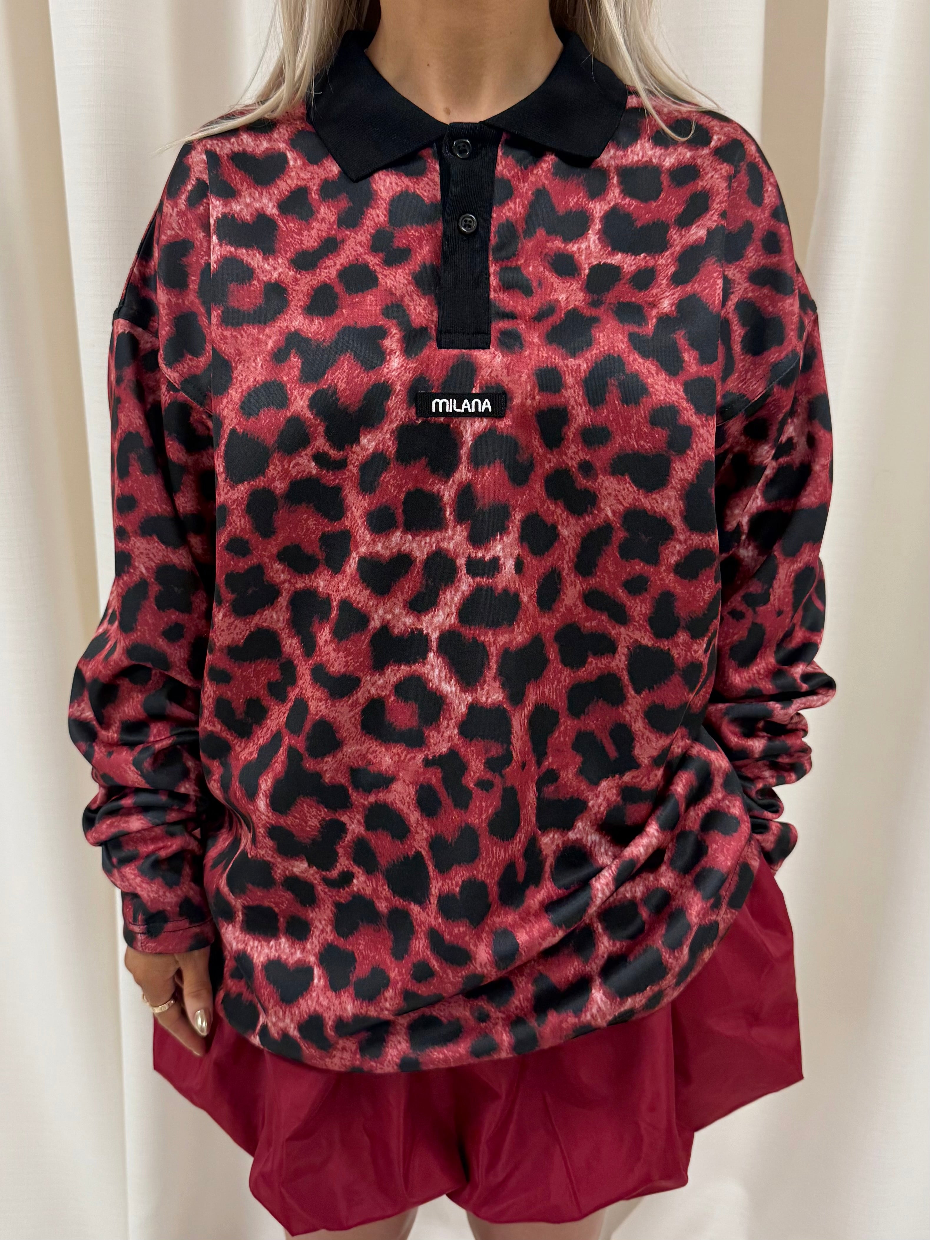 Burgundy Leopard Print Long Sleeve Polo.