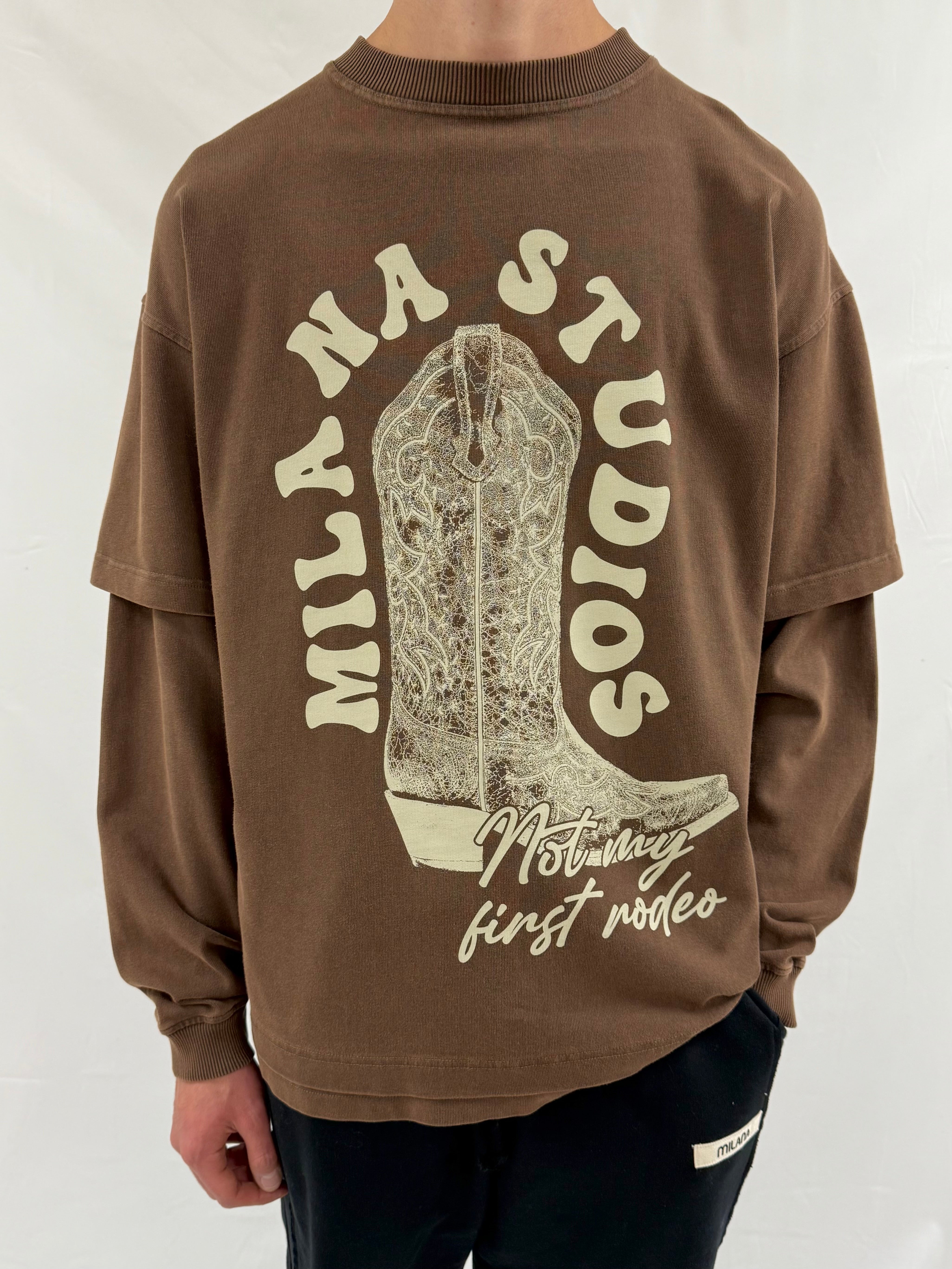 Washed Brown Rodeo Boot Heavyweight T-shirt Long Sleeve.