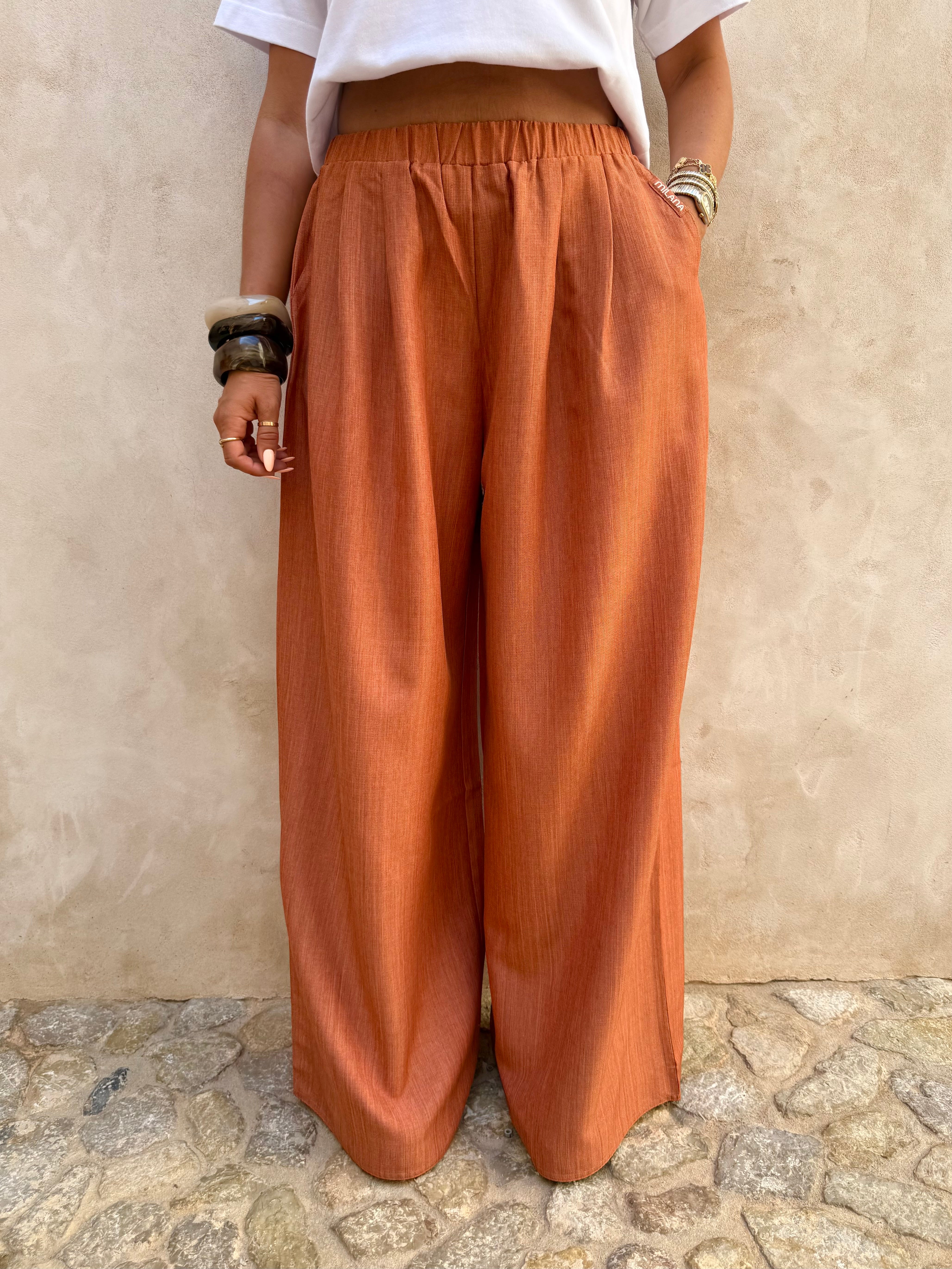 Burnt Orange Milana Wide Linen Trousers.