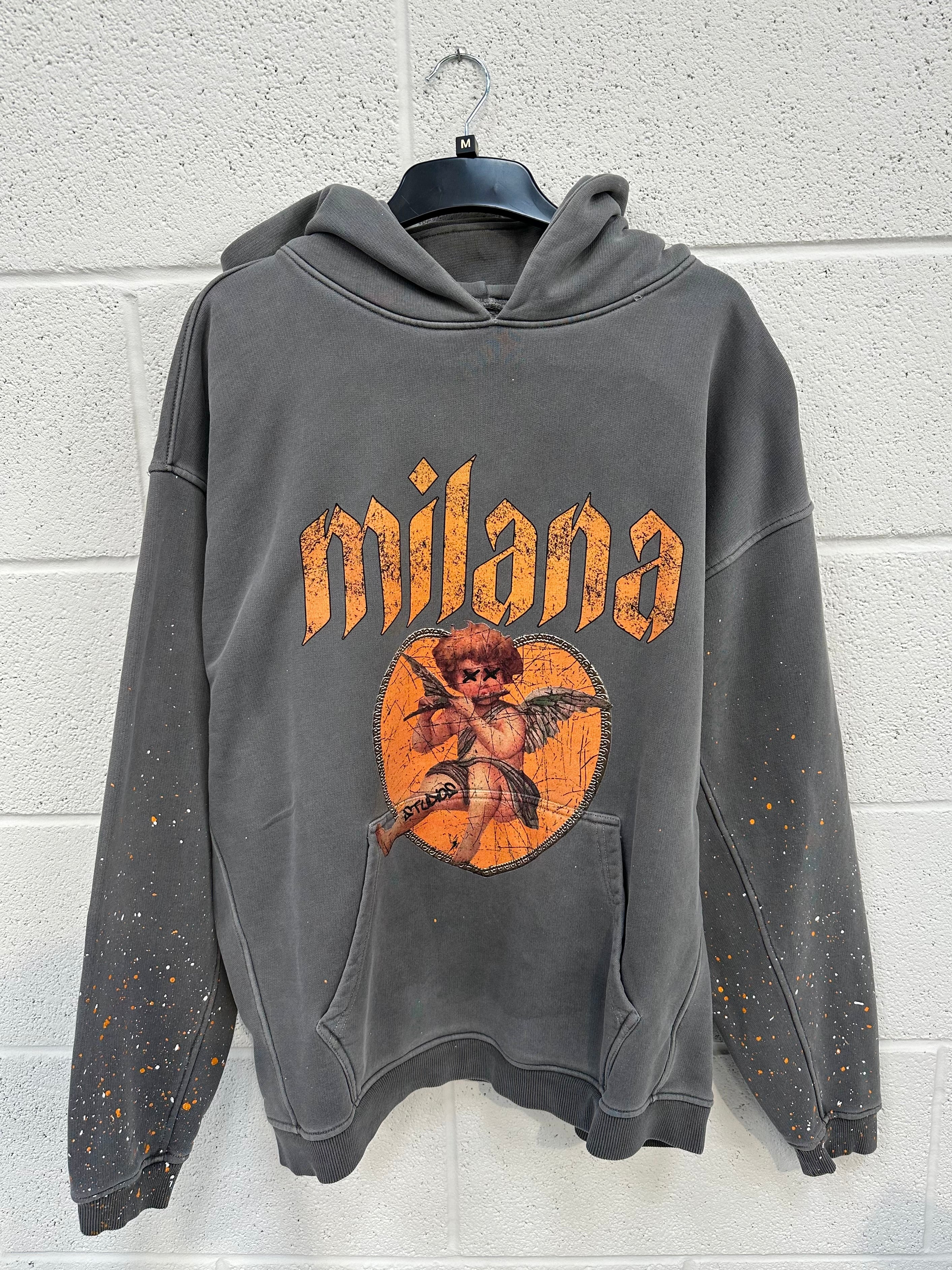 #A10 Washed Charcoal Cherub Splatter Heavyweight Hoodie.