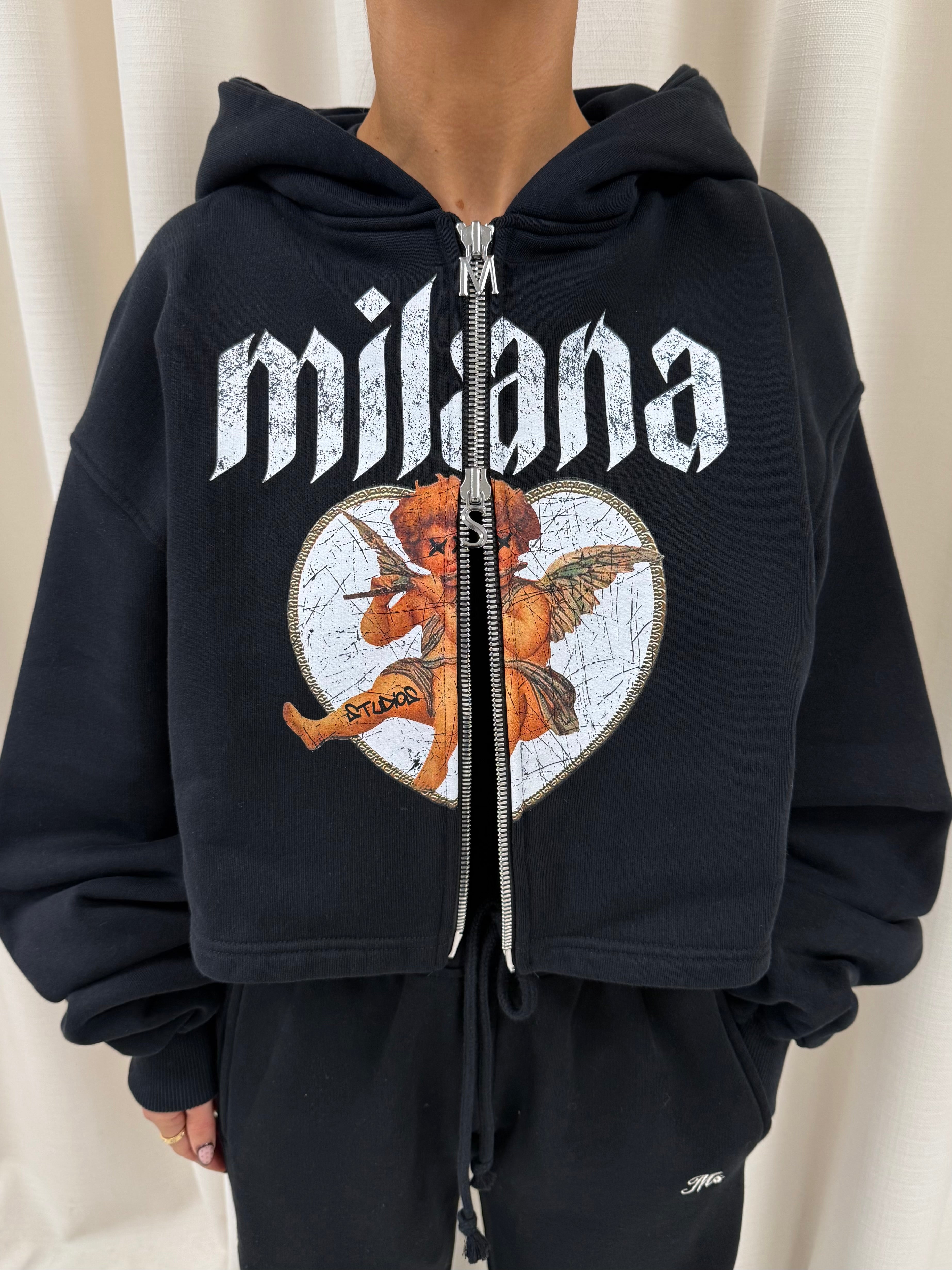 Black Cherub Cropped Heavyweight Zip Hoodie.