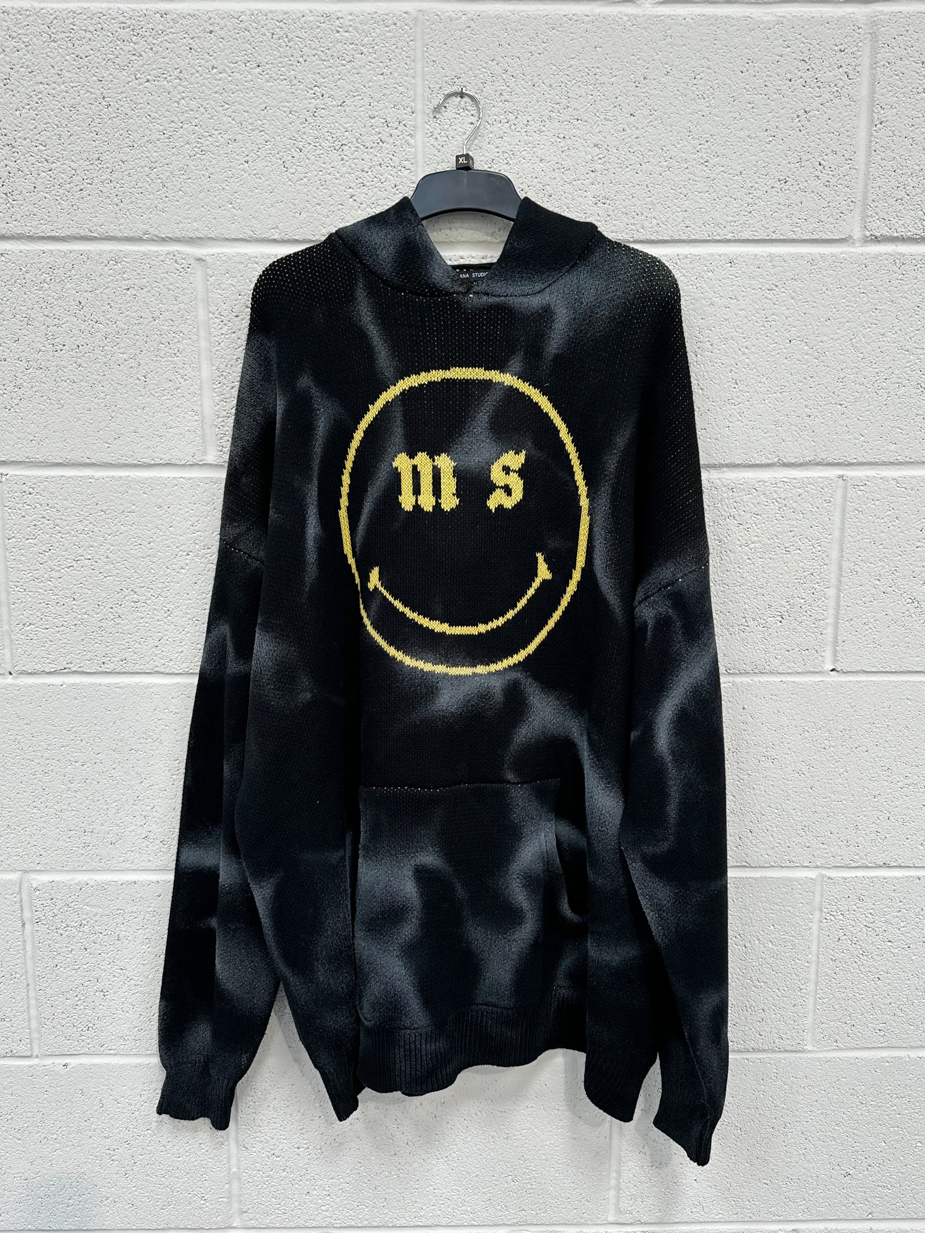 #L23 Black Spray Out Smiley Knitted Hoodie.