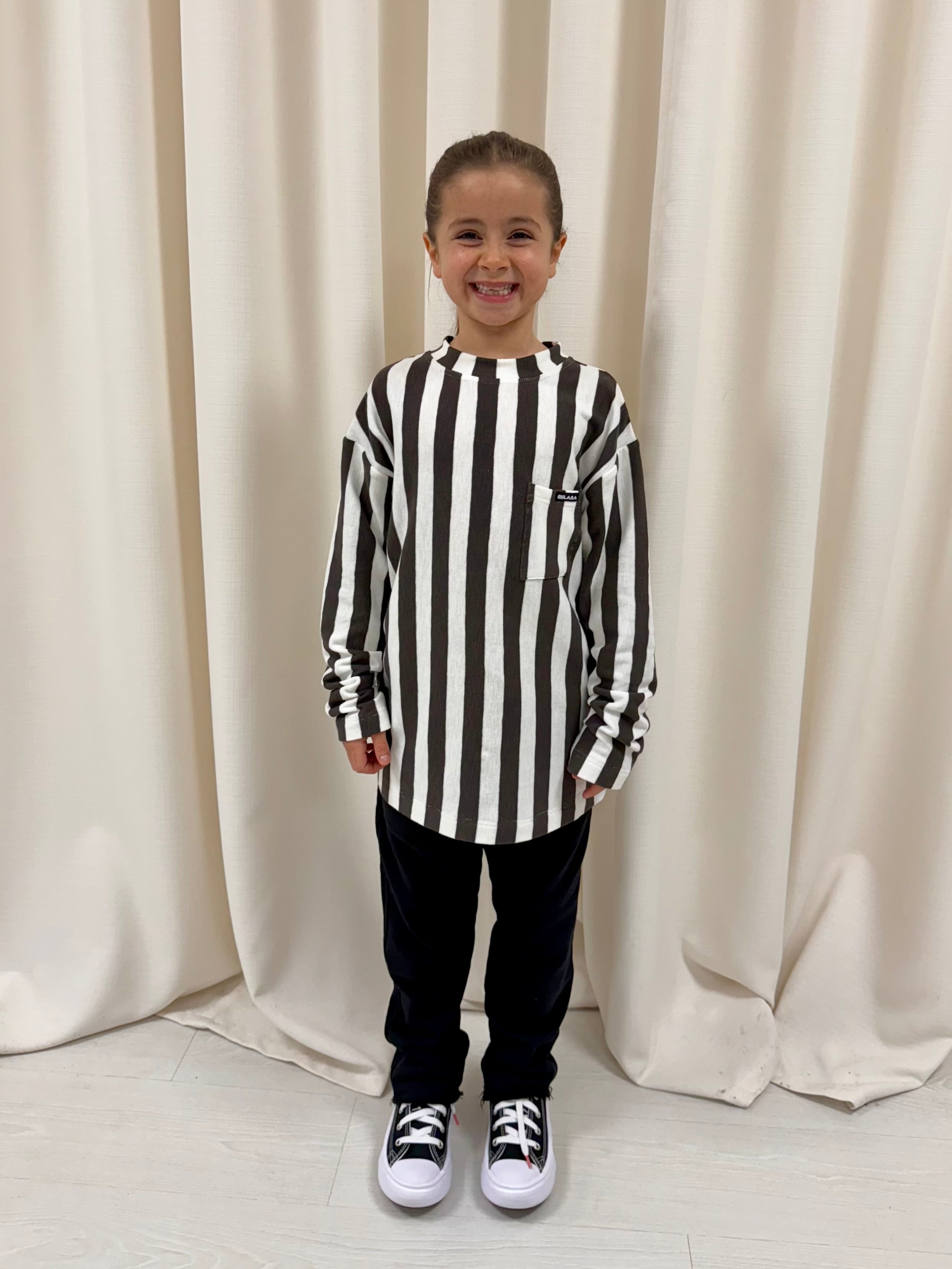 Cream and Charcoal Striped Kids Knitted Long Sleeve.