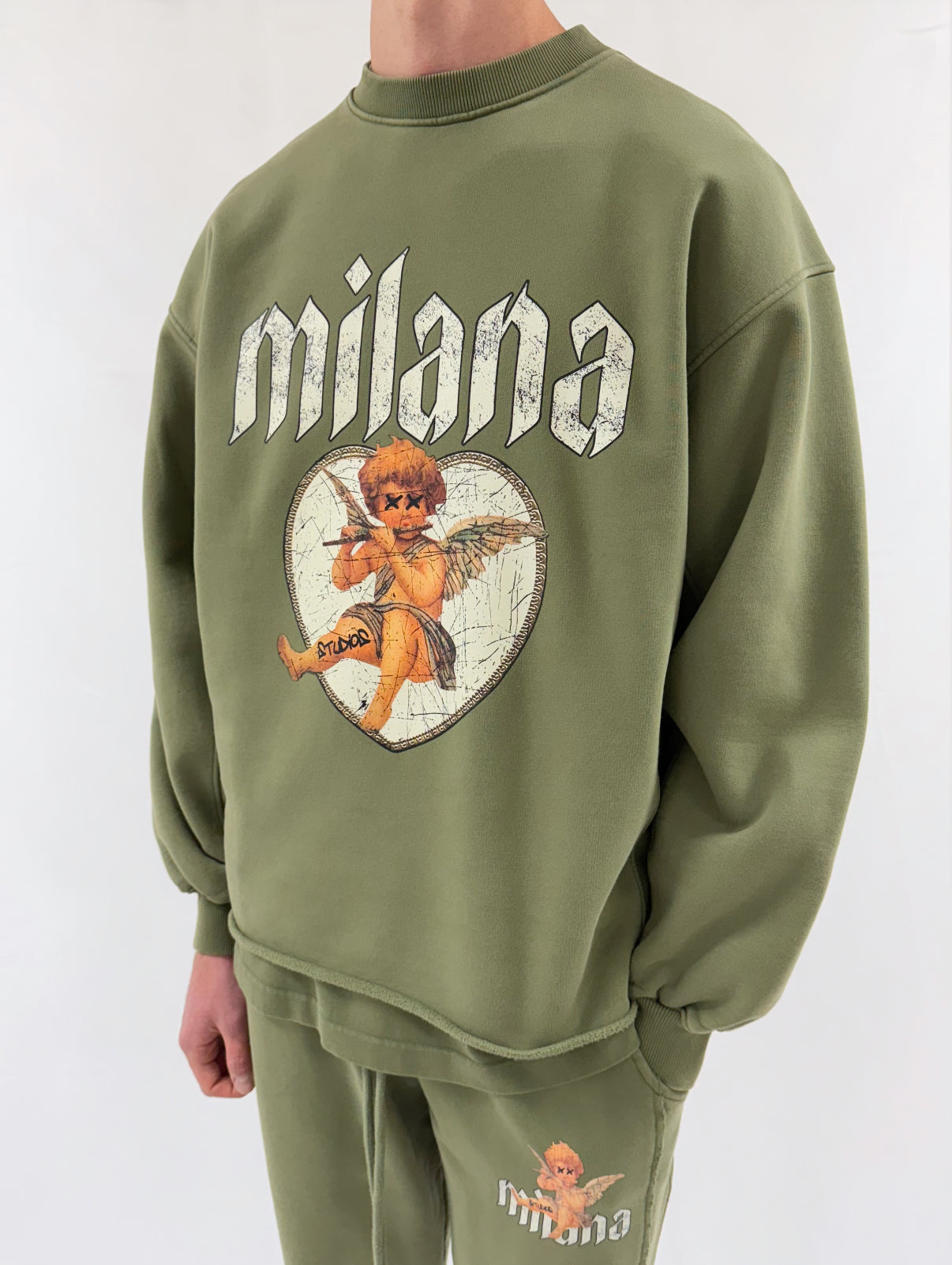 Washed Military Green Heavyweight Open Hem Sweatshirt.