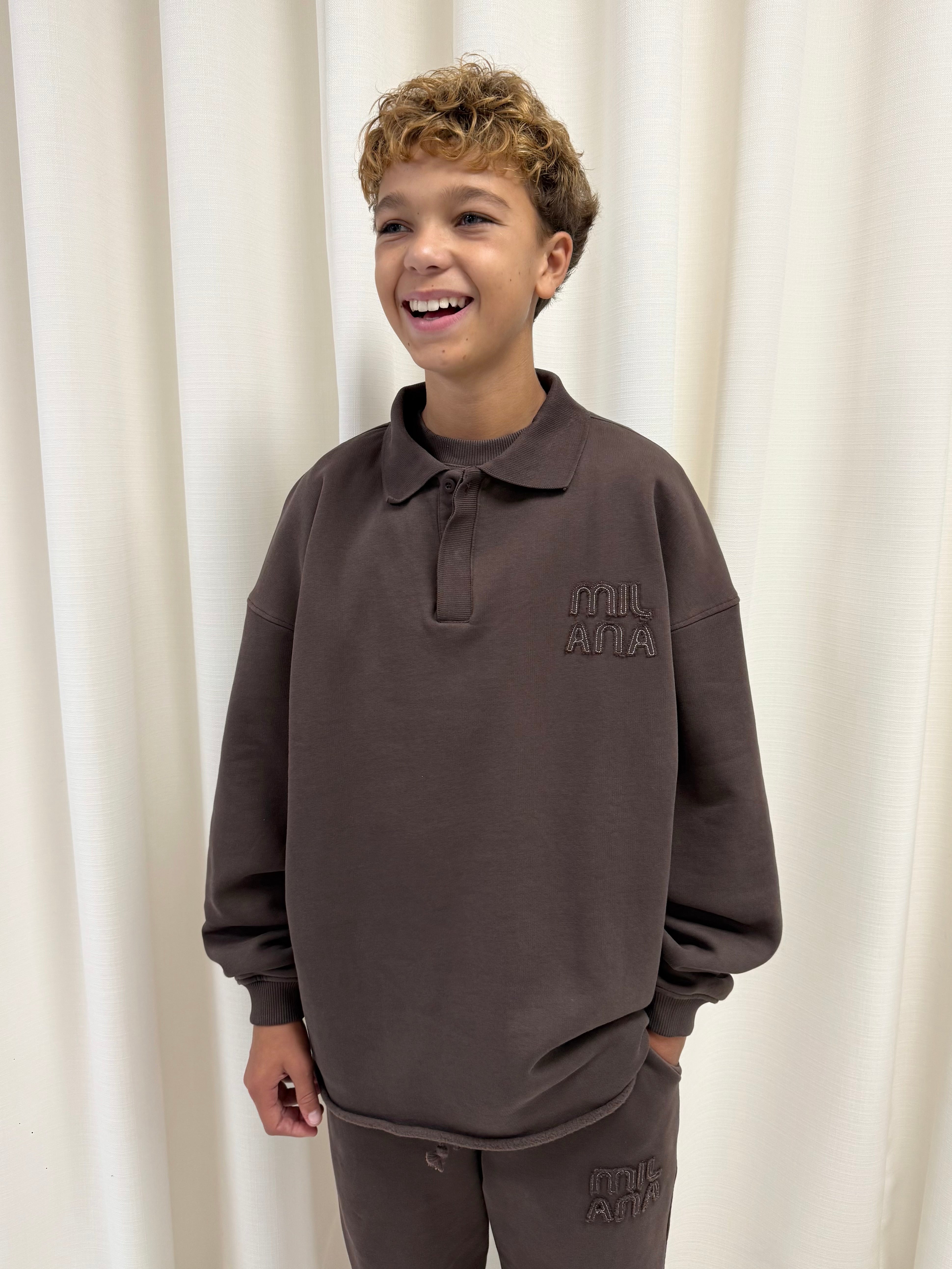 Chocolate Brown Appliqué Kids Open Hem Polo Sweat.