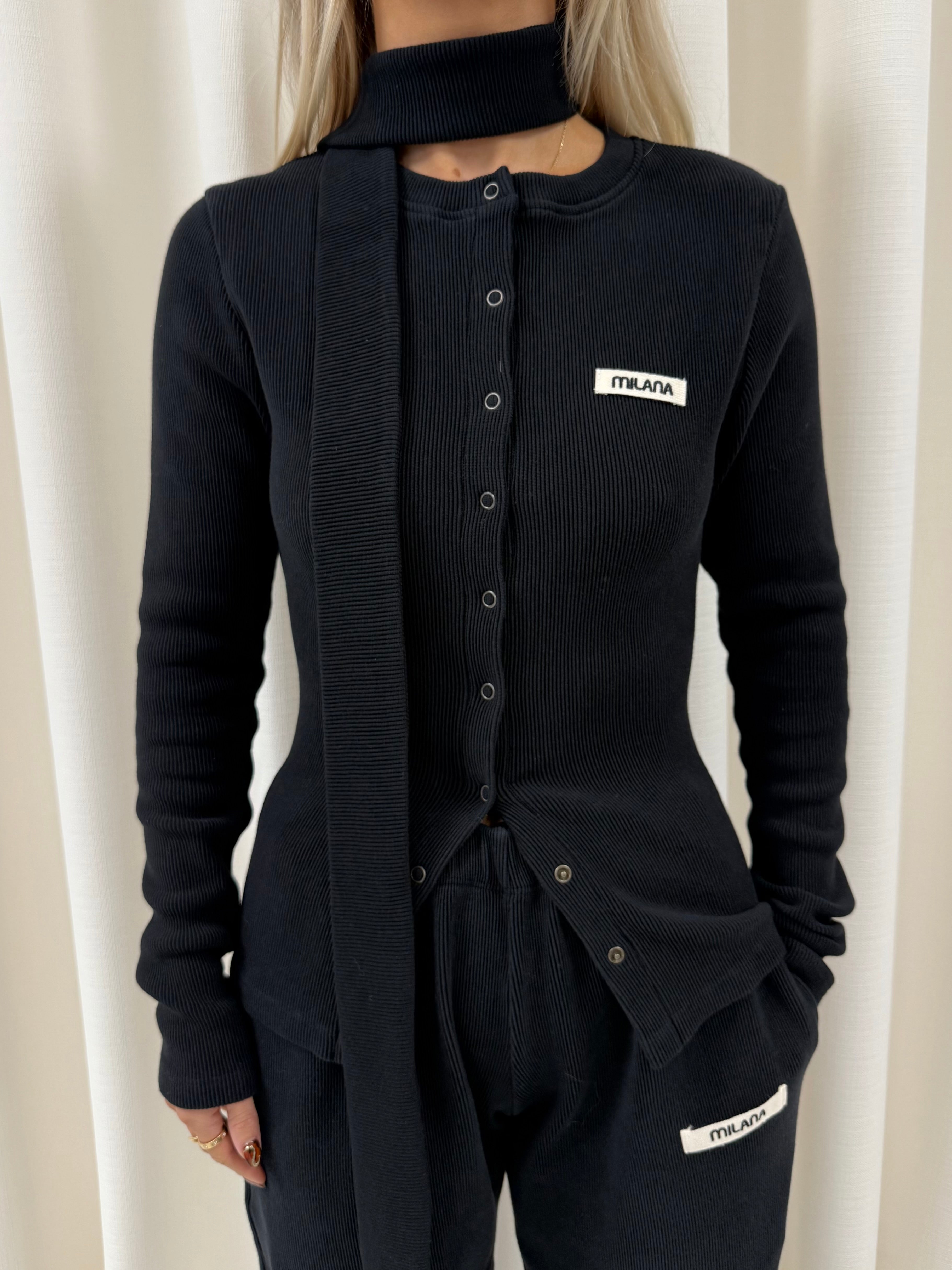 Black Core Button Soft Rib Long Sleeve.