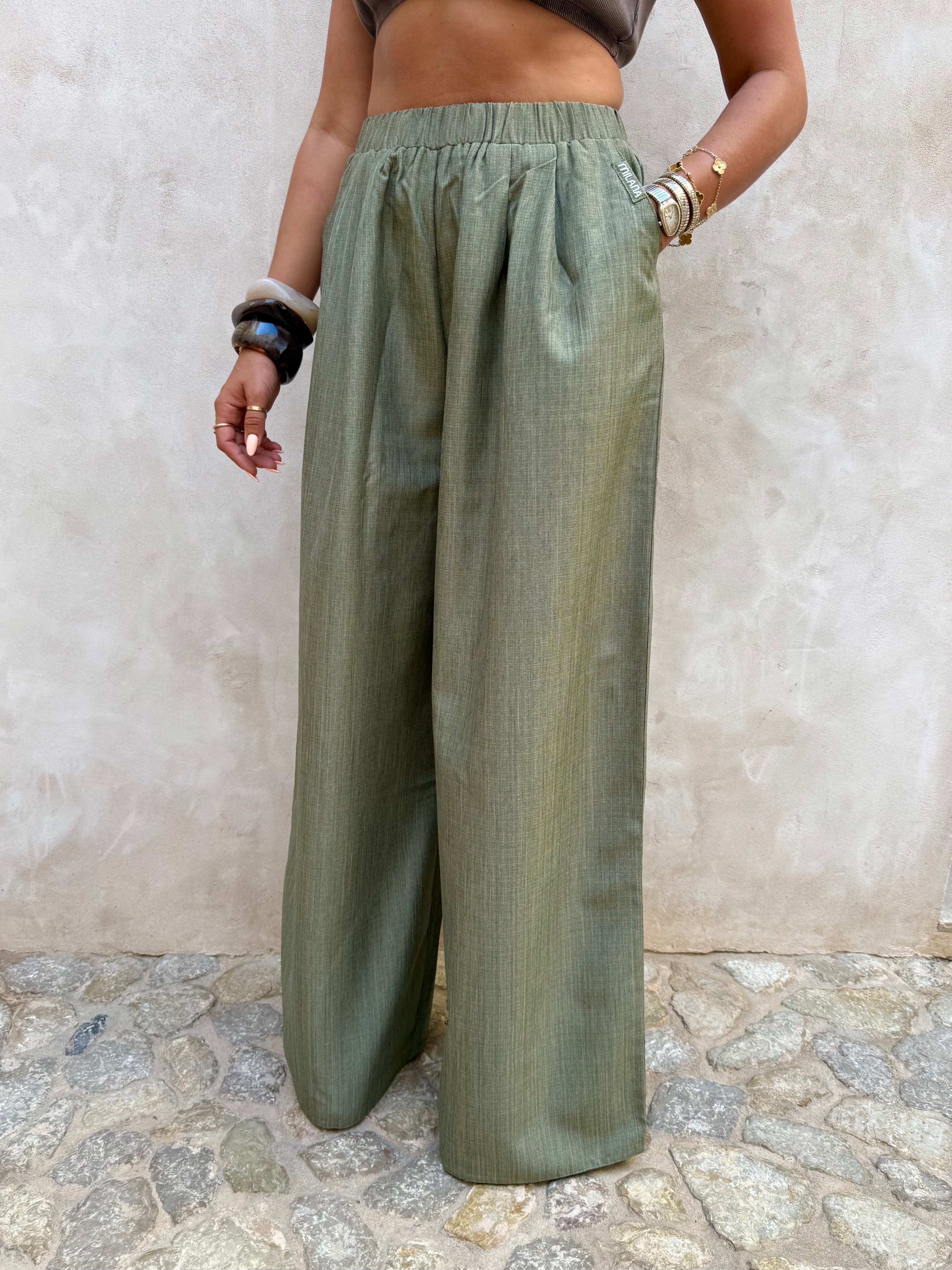 Khaki Milana Wide Linen Trousers.