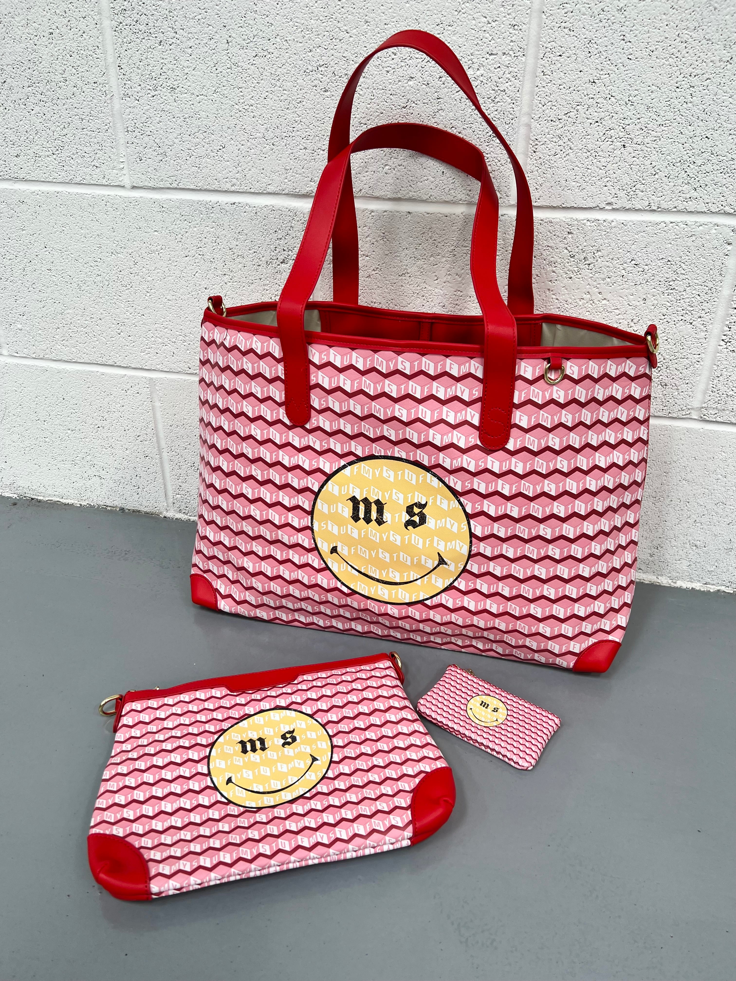 Red Smiley Leather Tote Bag - 3 Piece.