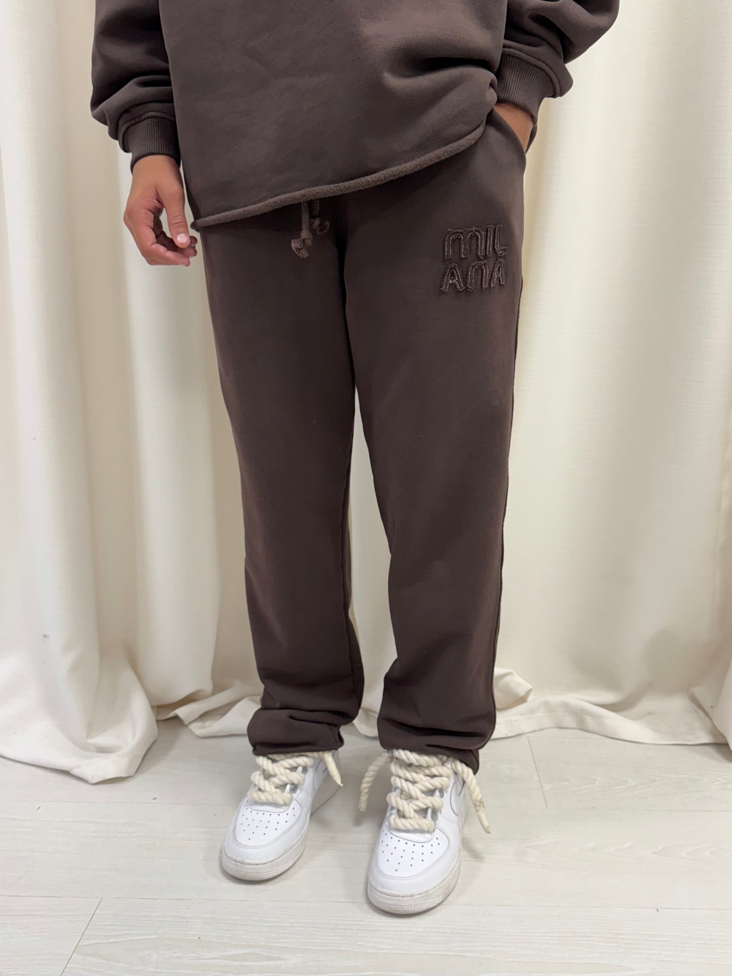 Chocolate Brown Appliqué Kids Relaxed Sweatpants.