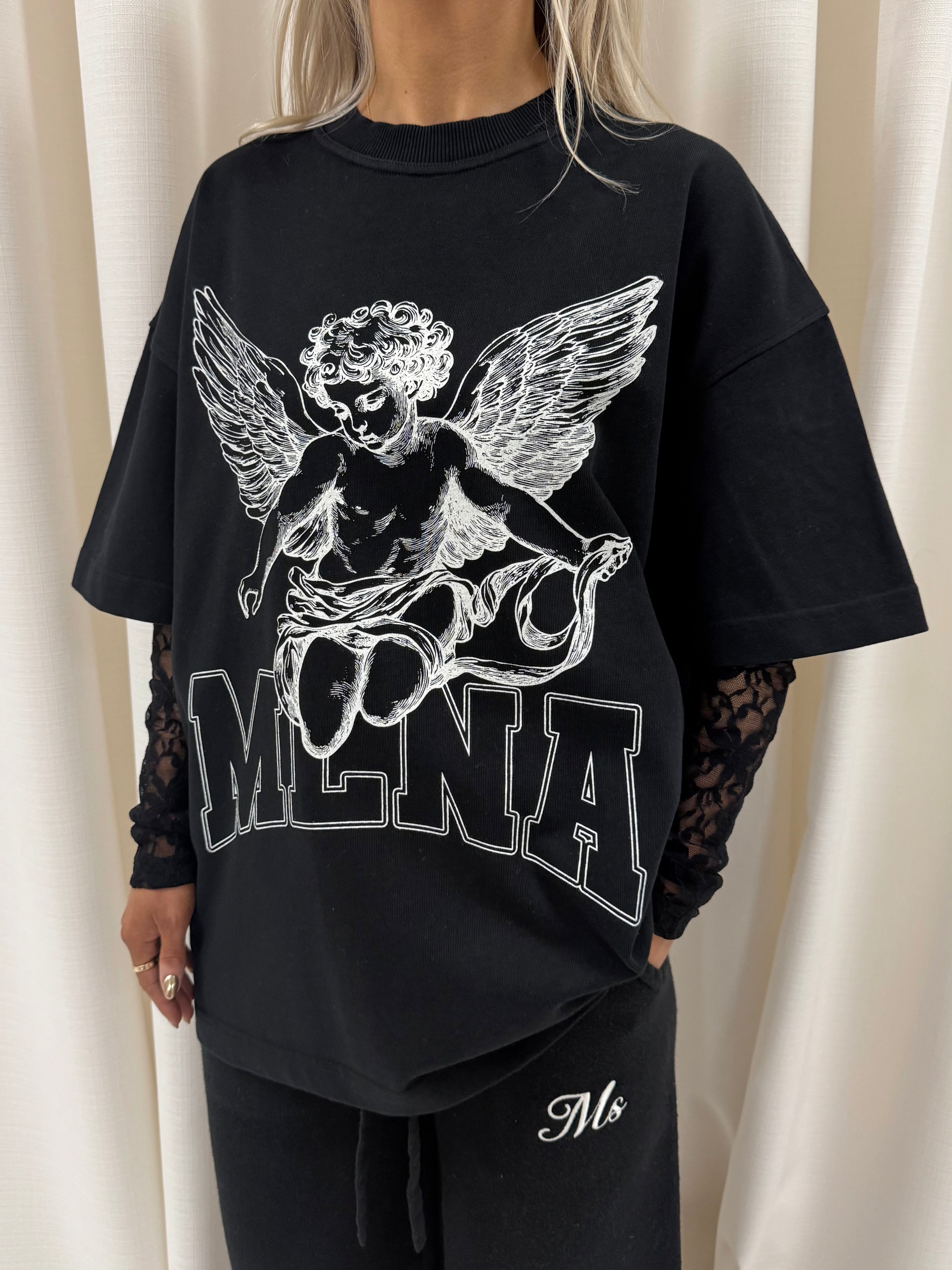 Black Lace Stenciled Cherub Heavyweight Long Sleeve.