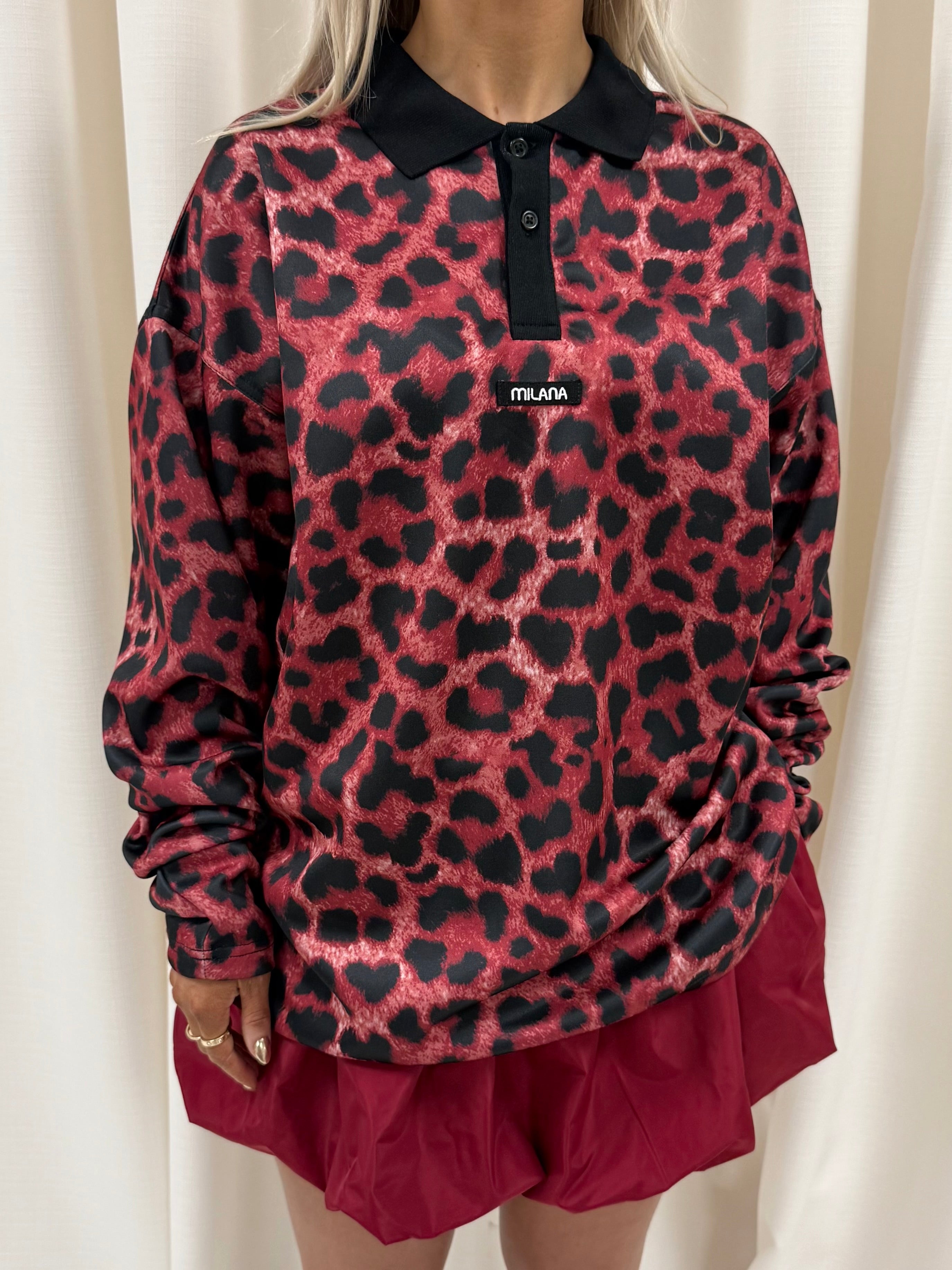 Burgundy Leopard Print Long Sleeve Polo.