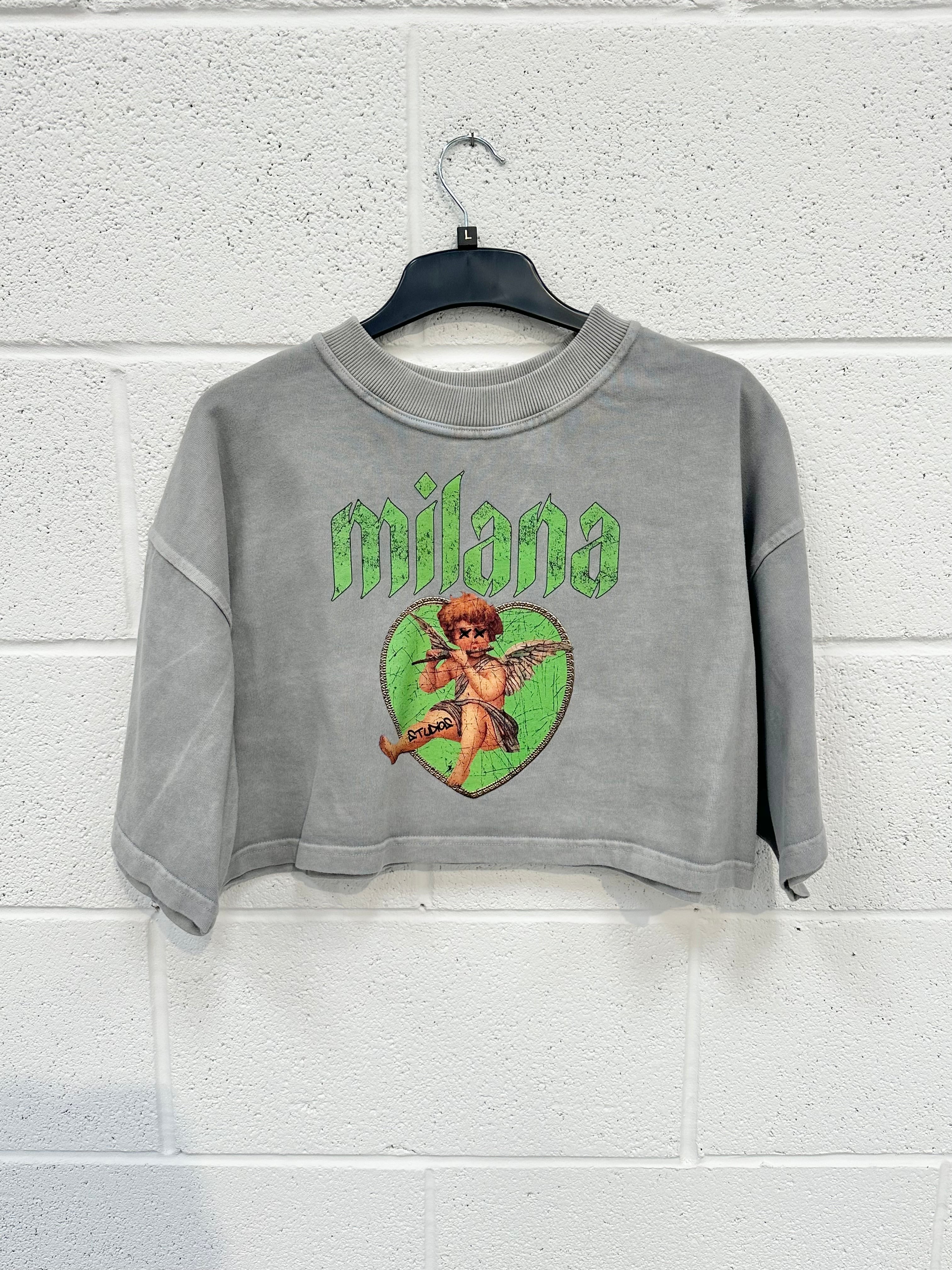 #N31 Washed Grey Green Cherub Cropped Heavyweight T-shirt.