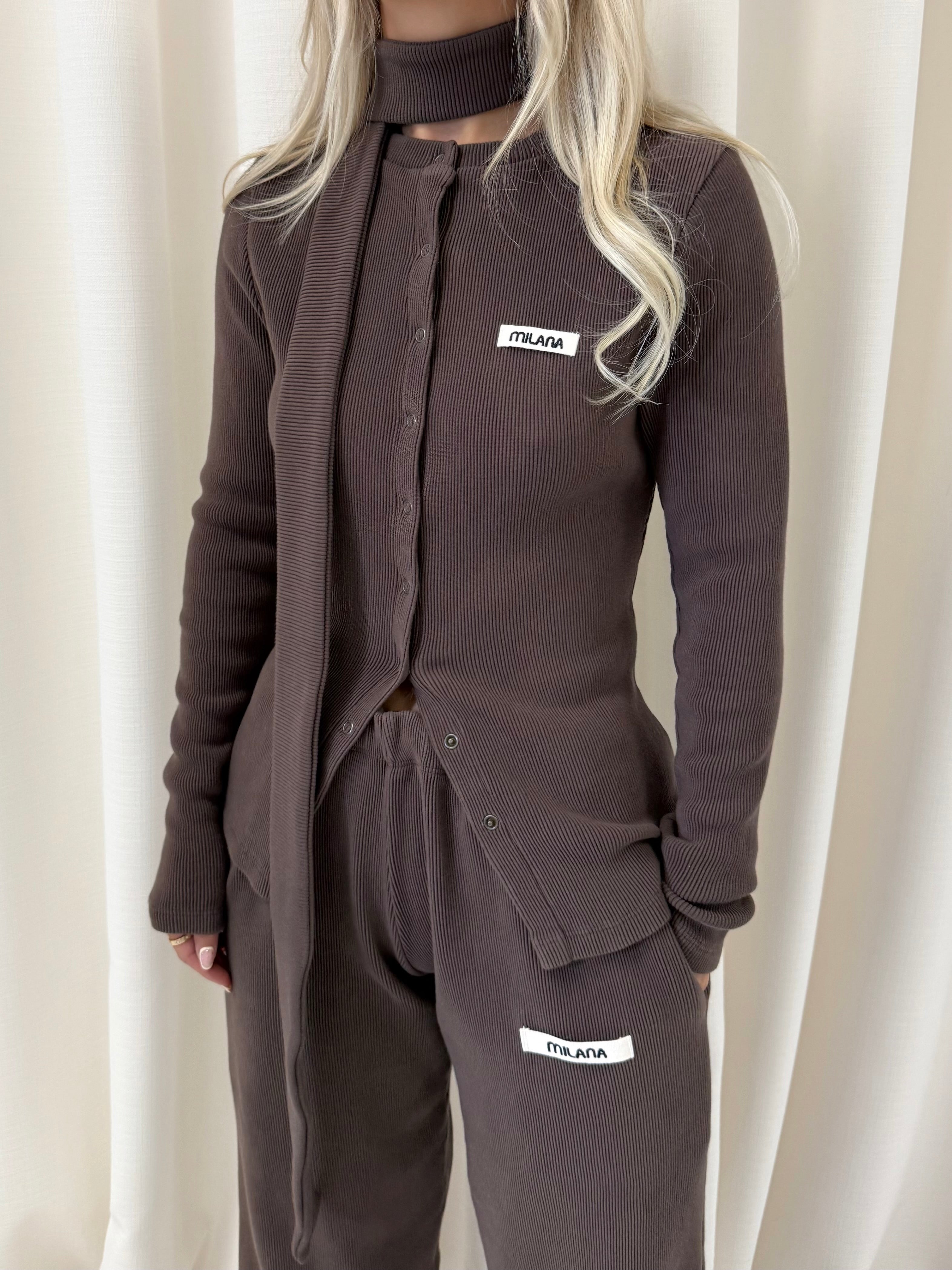 Chocolate Brown Core Button Soft Rib Long Sleeve.