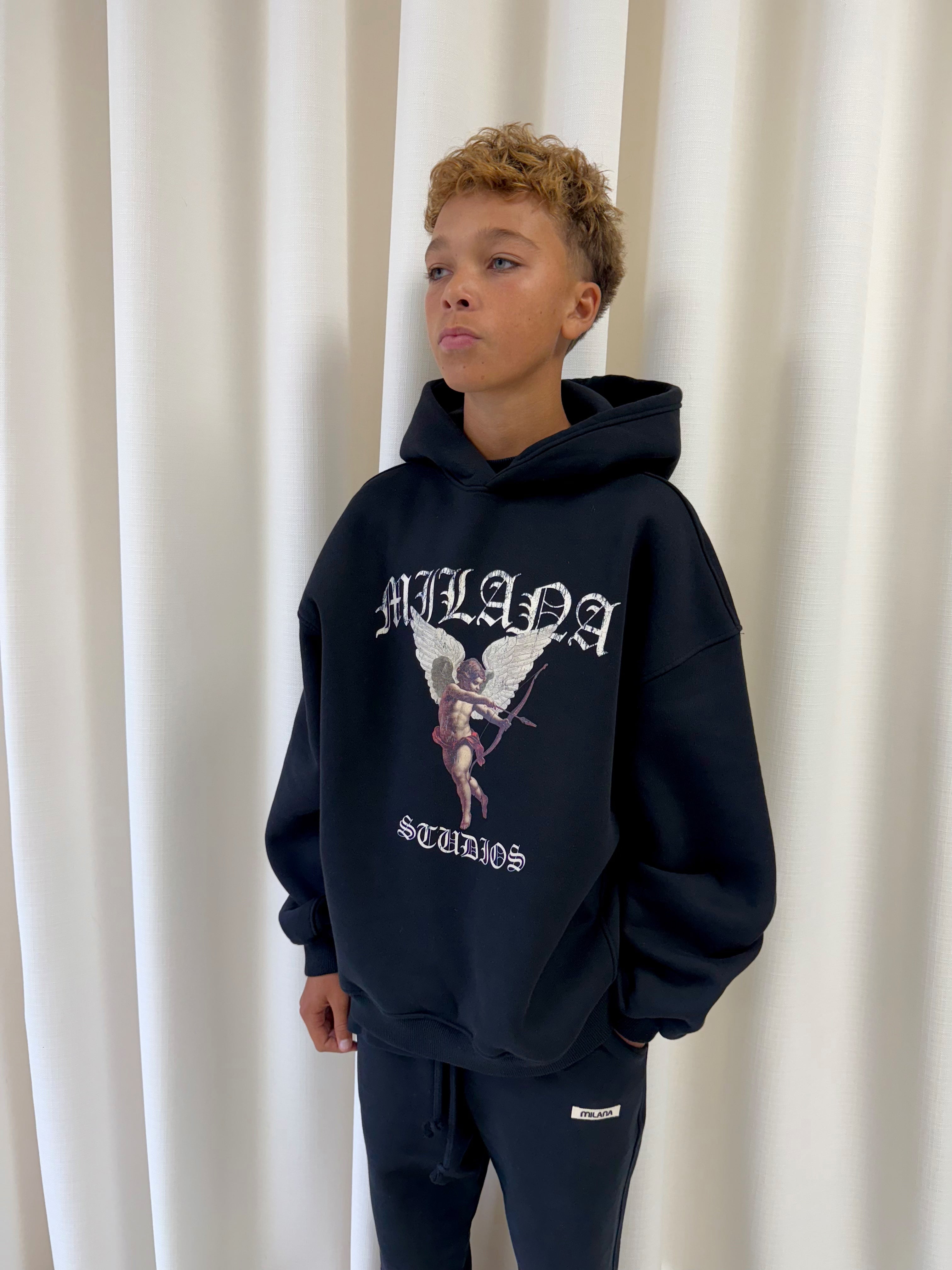 Black Vintage Cherub Kids Hoodie.