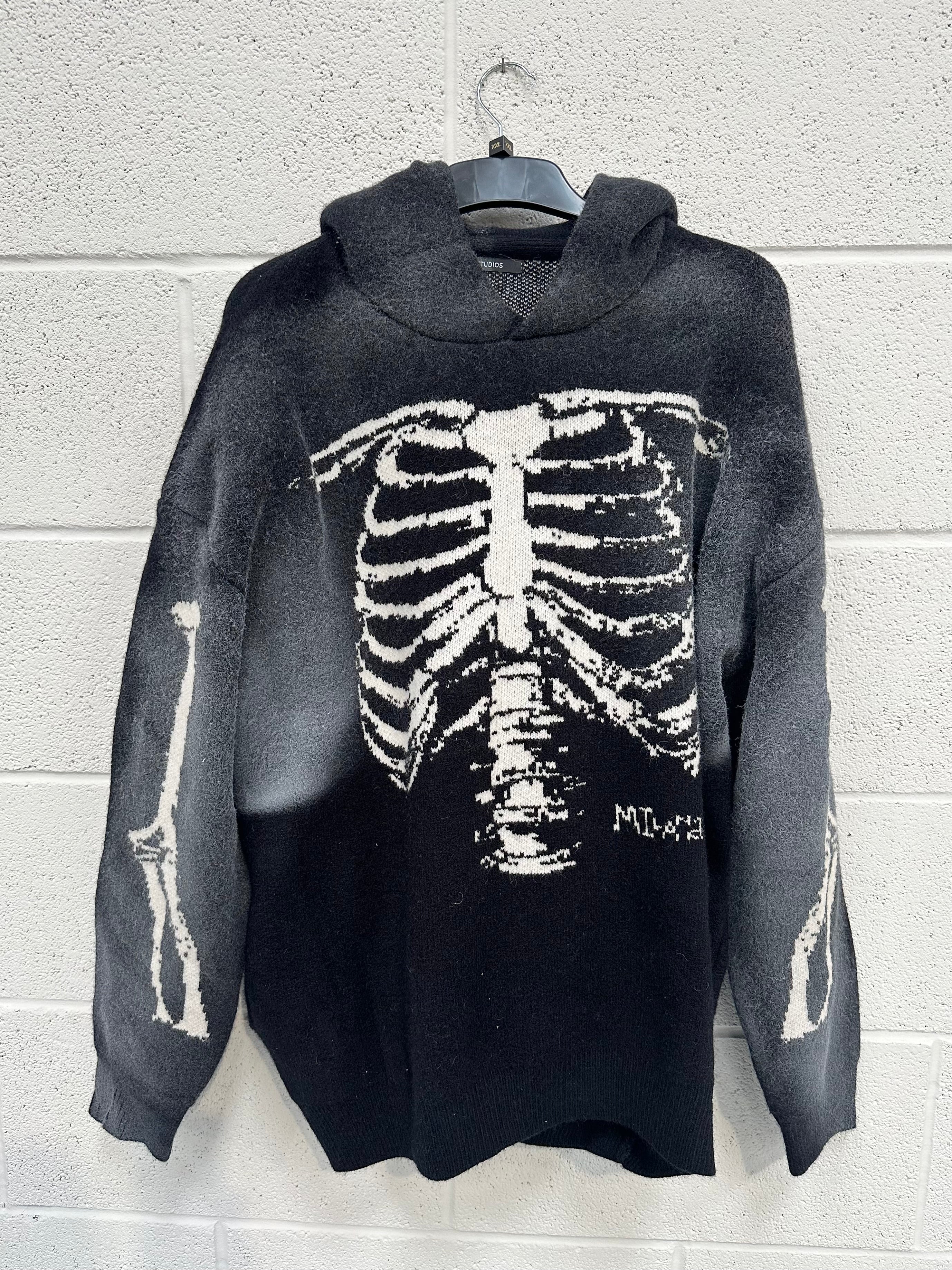 #O3 Black Spray Out Knitted Skeleton Hoodie.