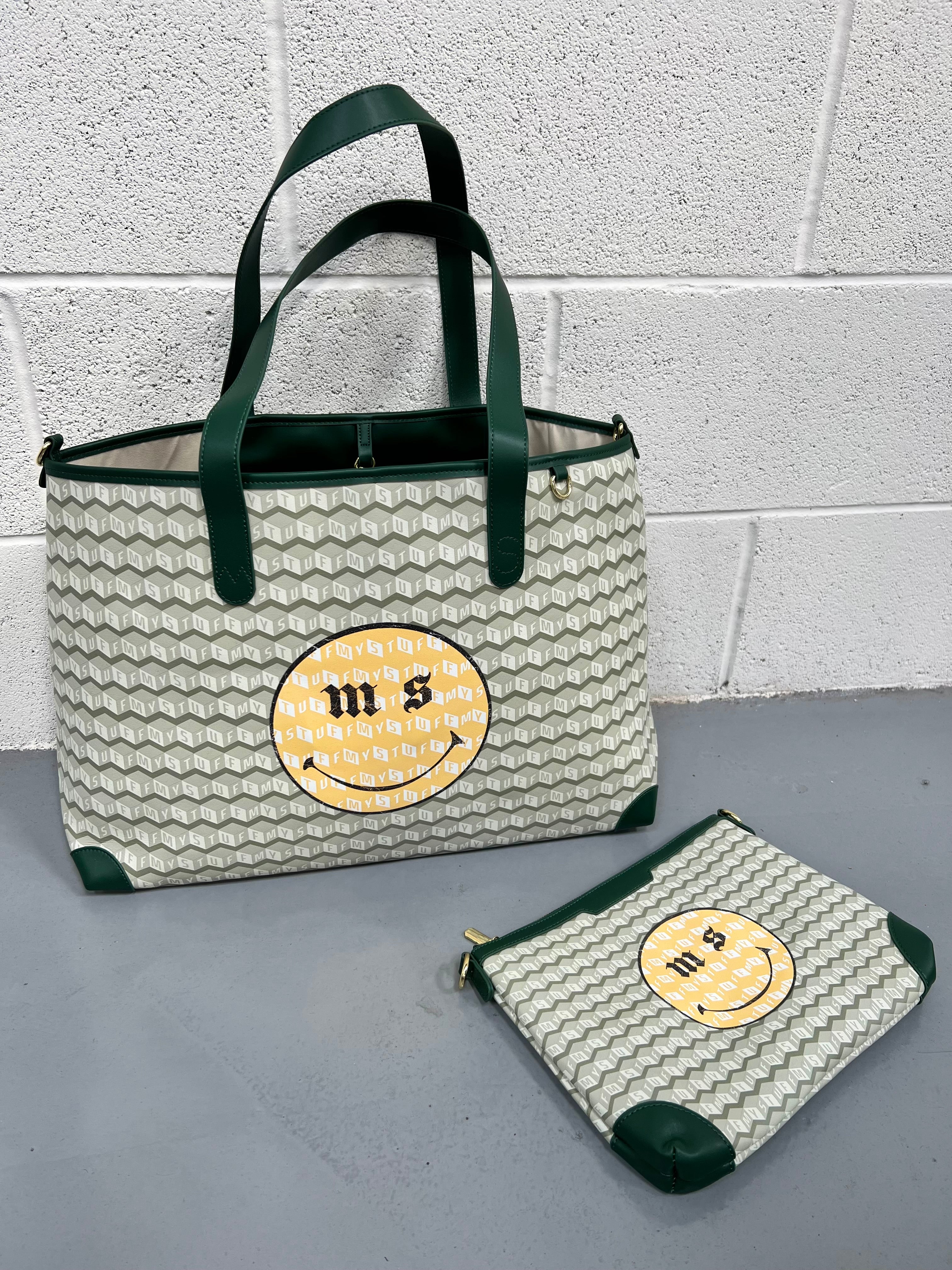 Matcha Smiley Leather Tote Bag - 2 Piece.