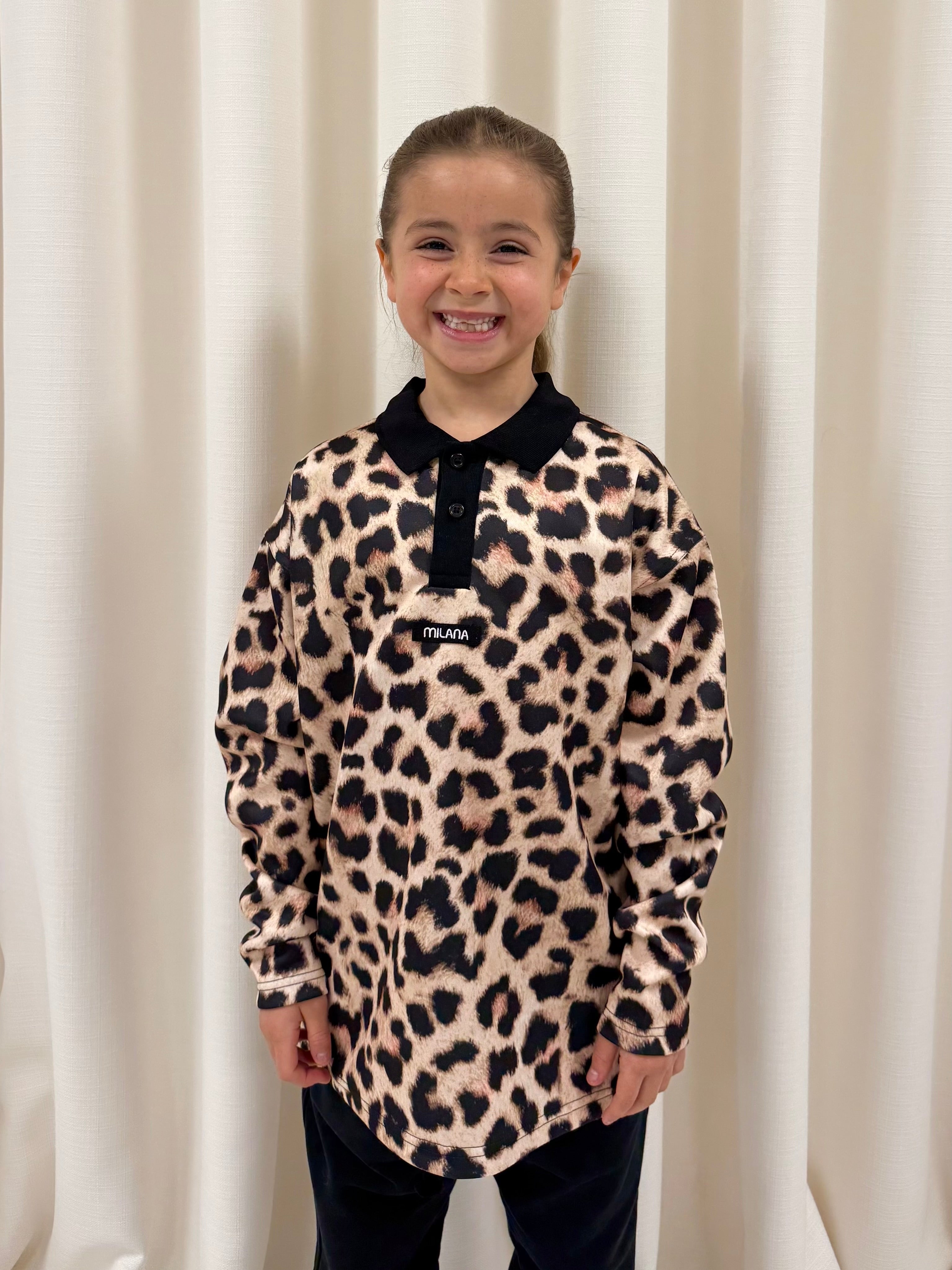 Leopard Print Kids Long Sleeve Polo.