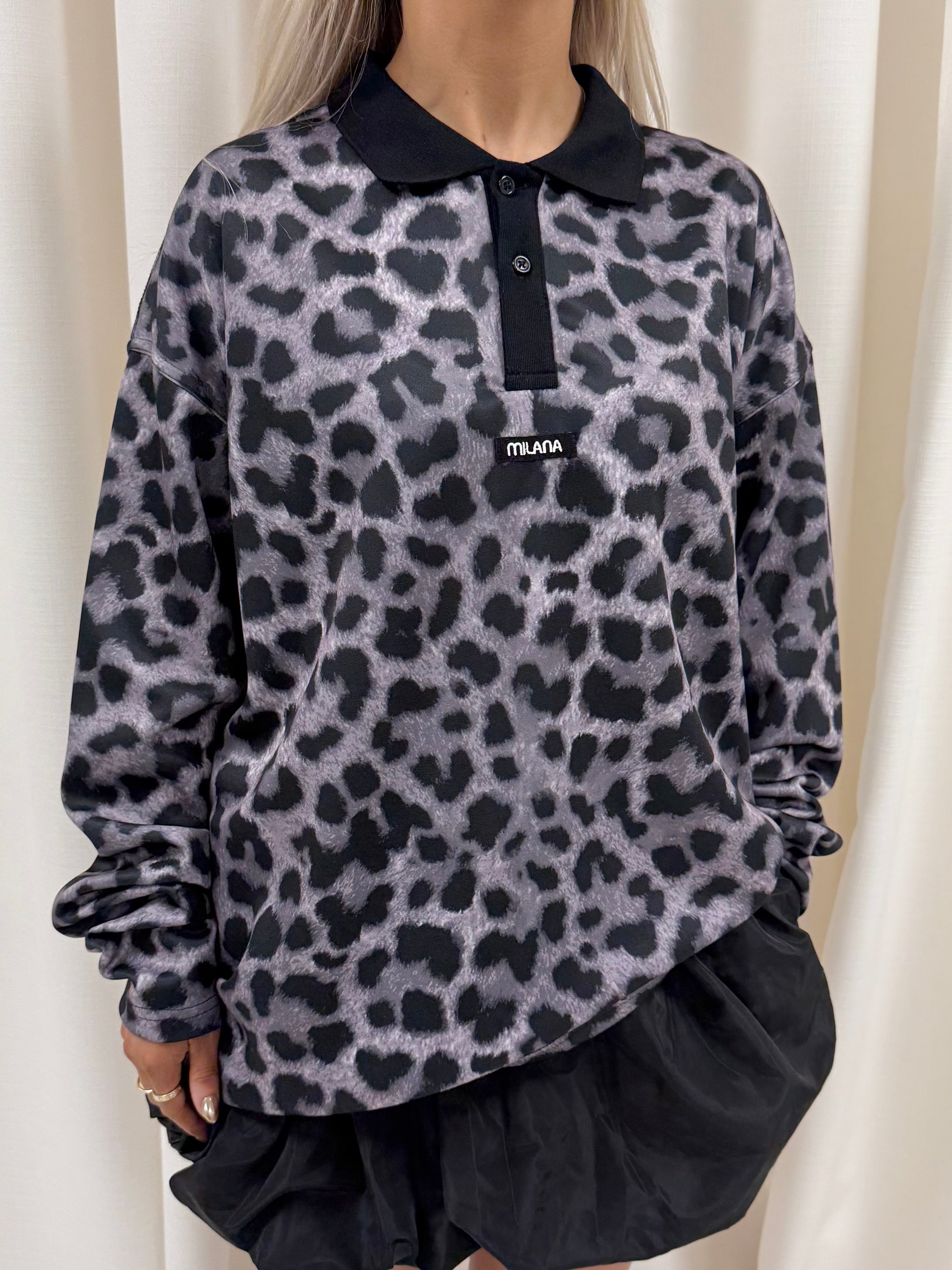 Charcoal Leopard Print Long Sleeve Polo.