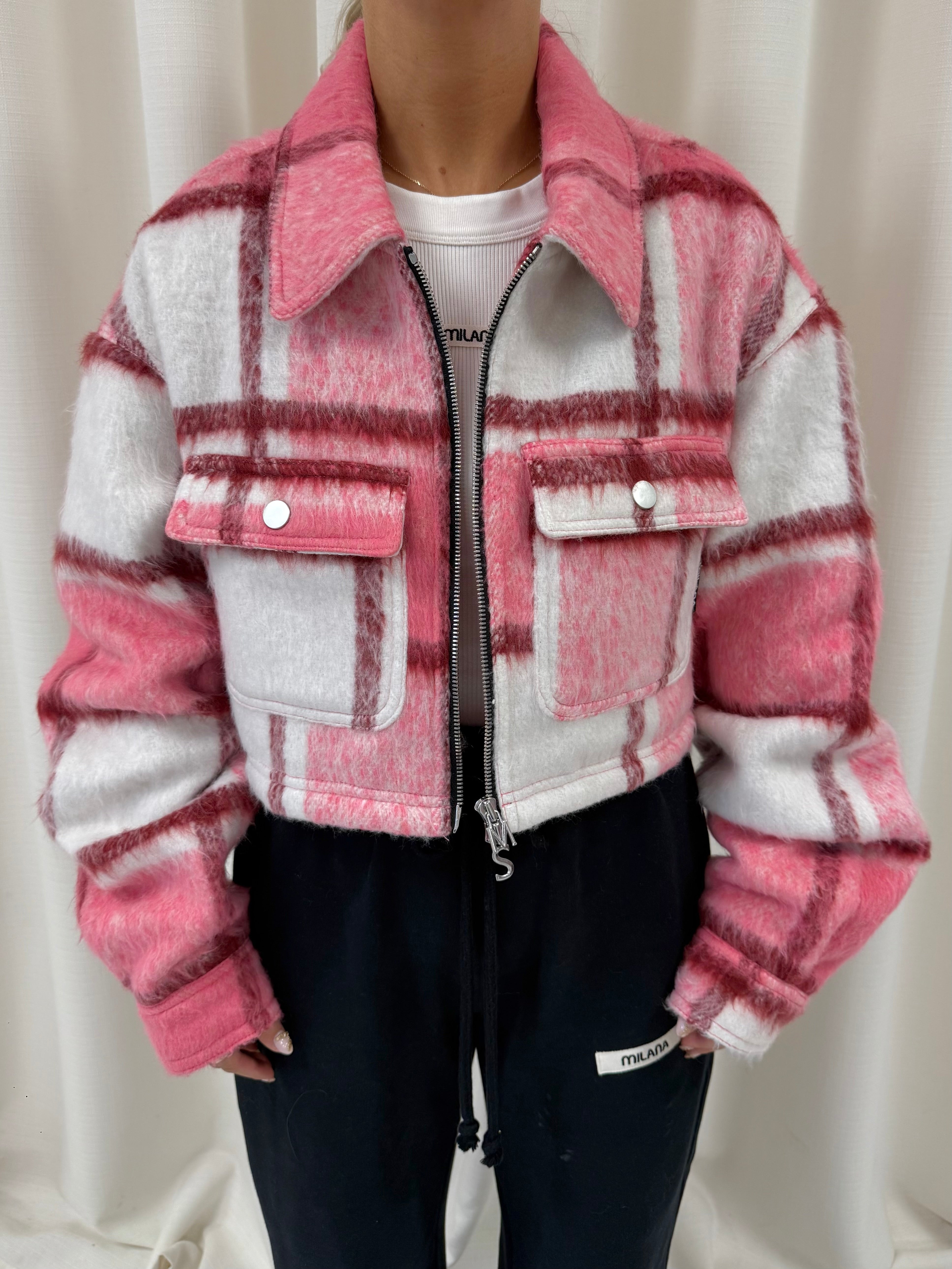 Pink Check Cropped Flannel Trucker Jacket.