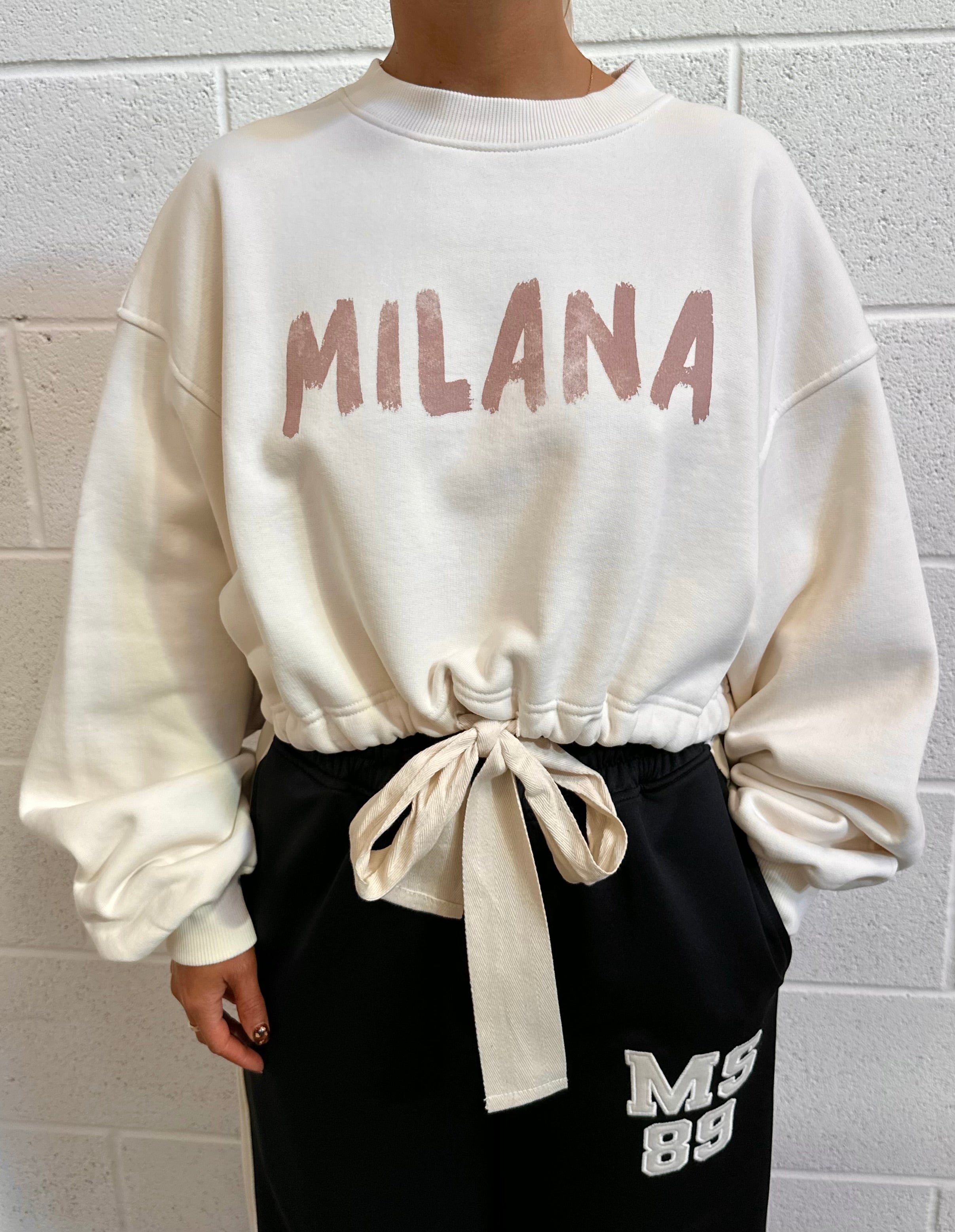 Cream Paint Cropped Ribbon Tie Sweatshirt.