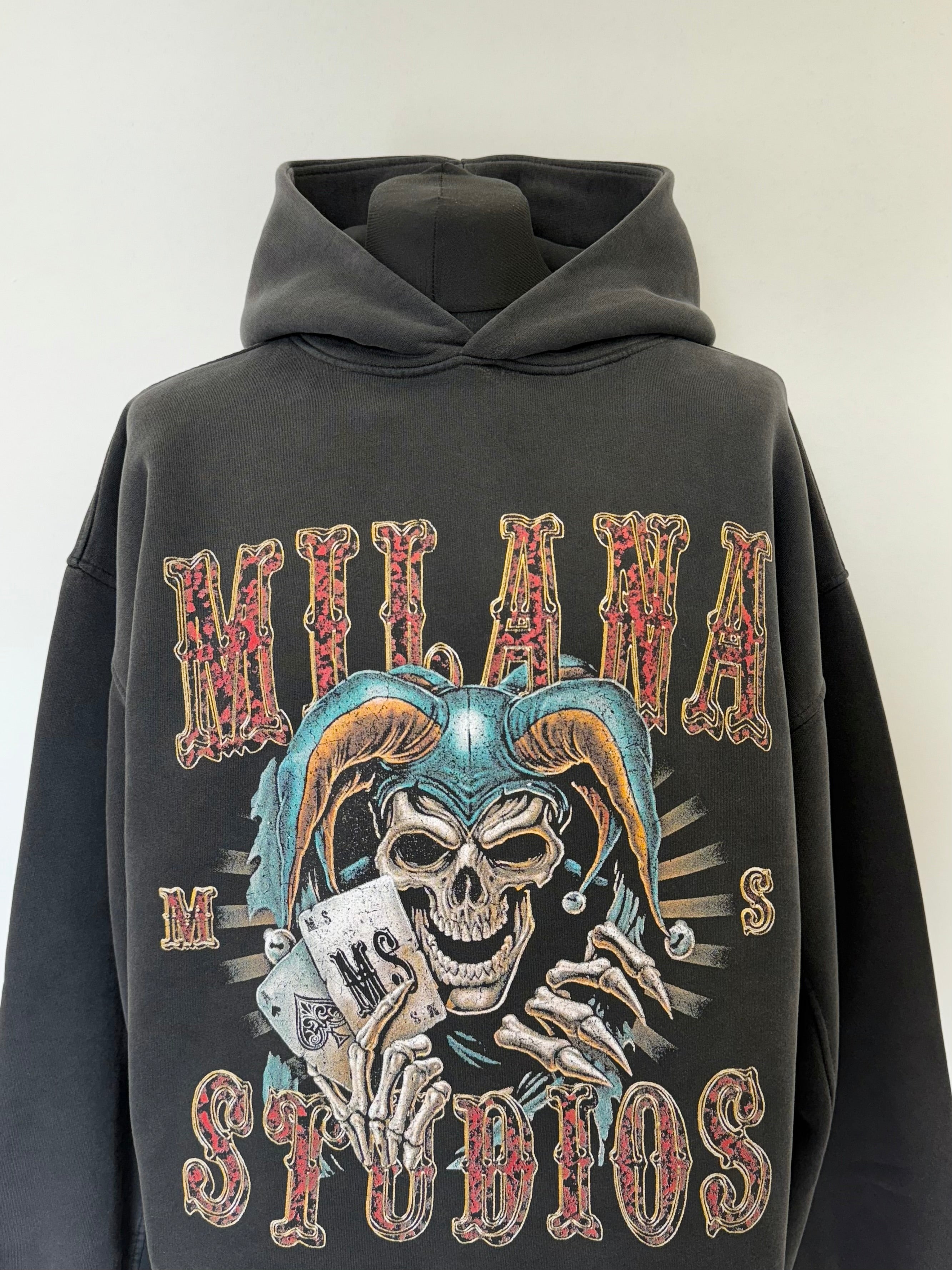 Washed Black Poker Joker Heavyweight Hoodie.