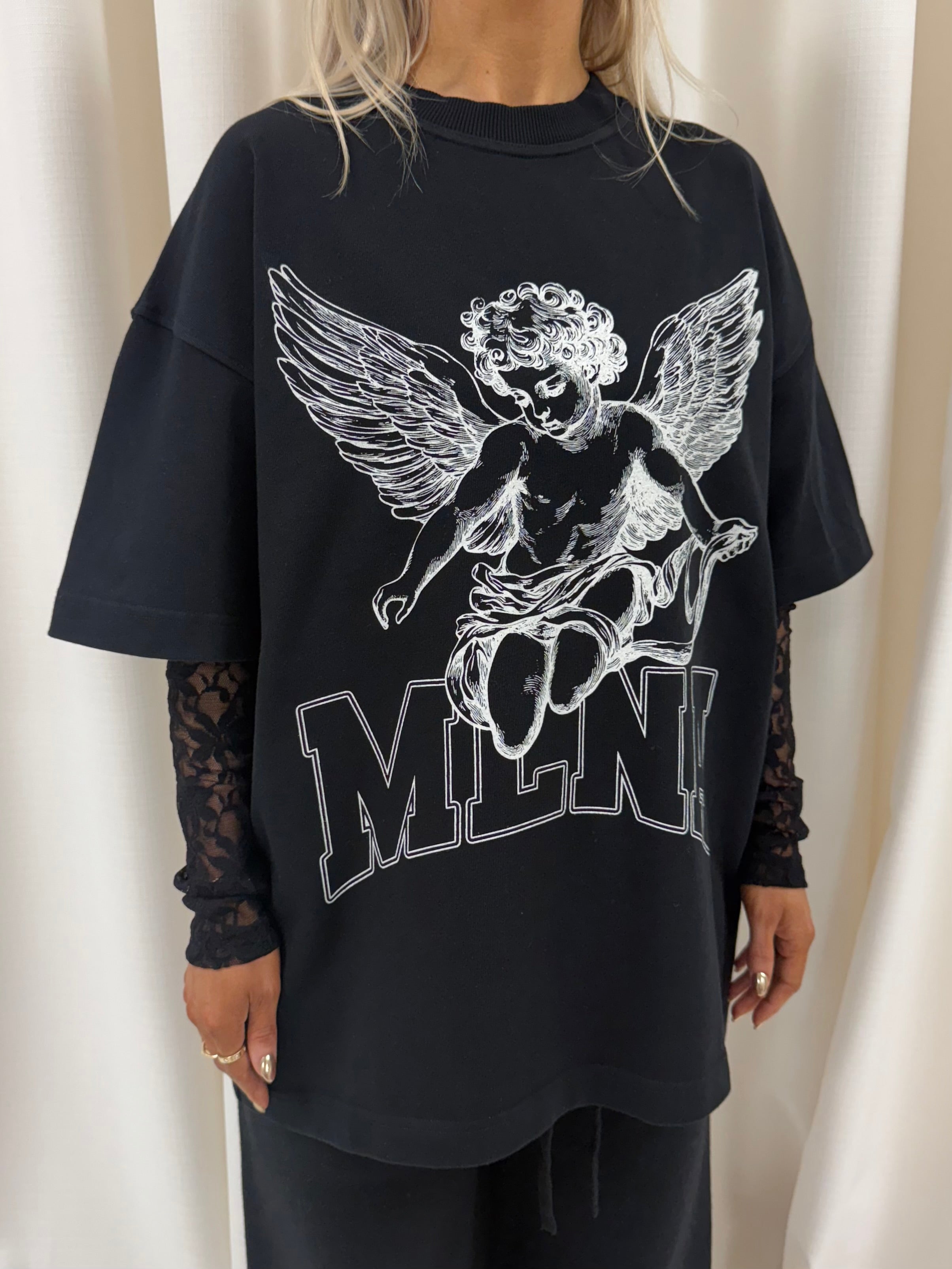 Black Lace Stenciled Cherub Heavyweight Long Sleeve.