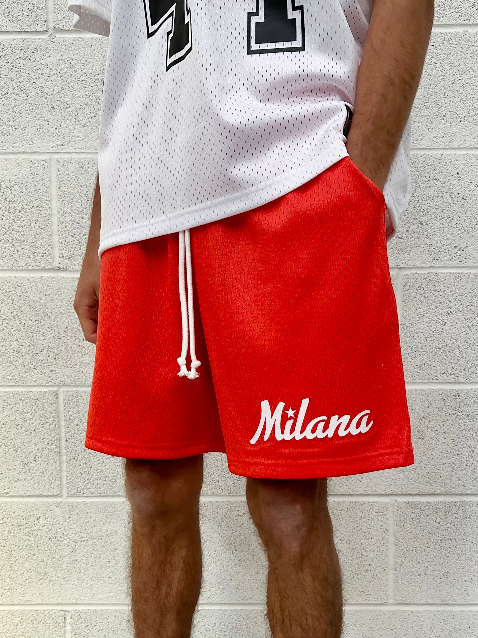 Red Mesh Relaxed Shorts.