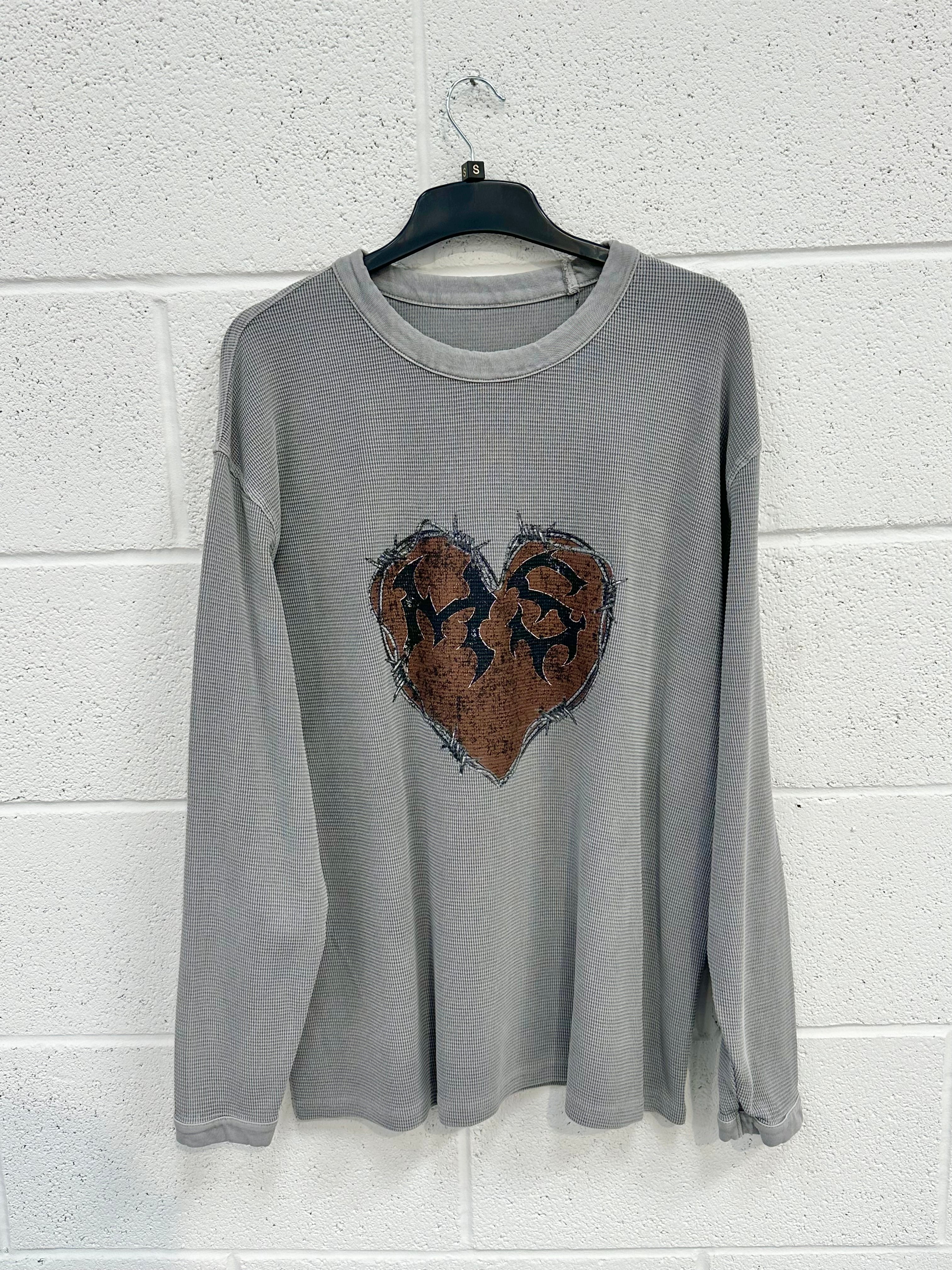 #H7 Washed Grey Heart Waffle Heavyweight Long Sleeve.