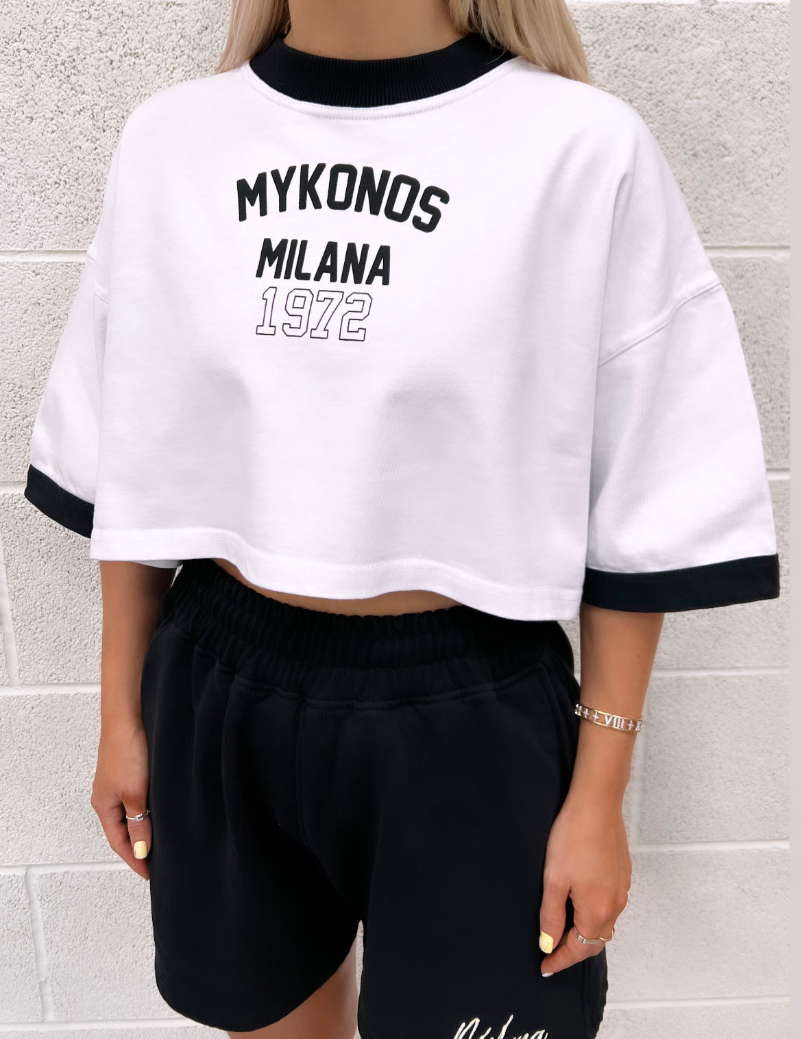 White And Black Mykonos Cropped Heavyweight T-shirt.