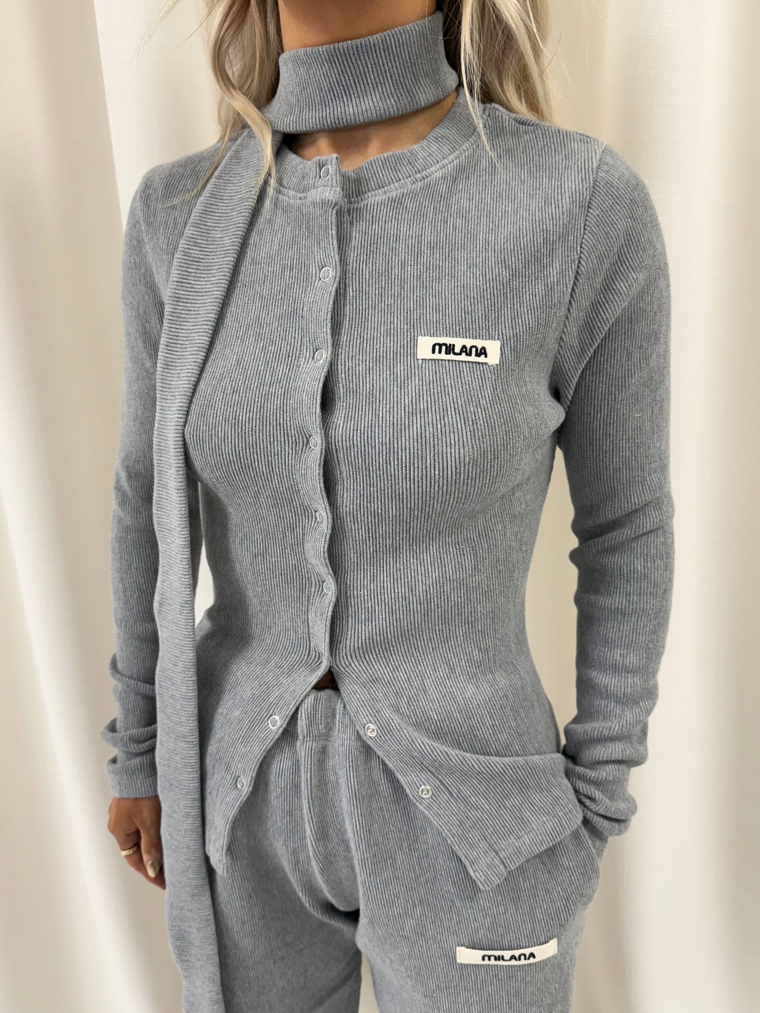 Marl Grey Core Button Soft Rib Long Sleeve.