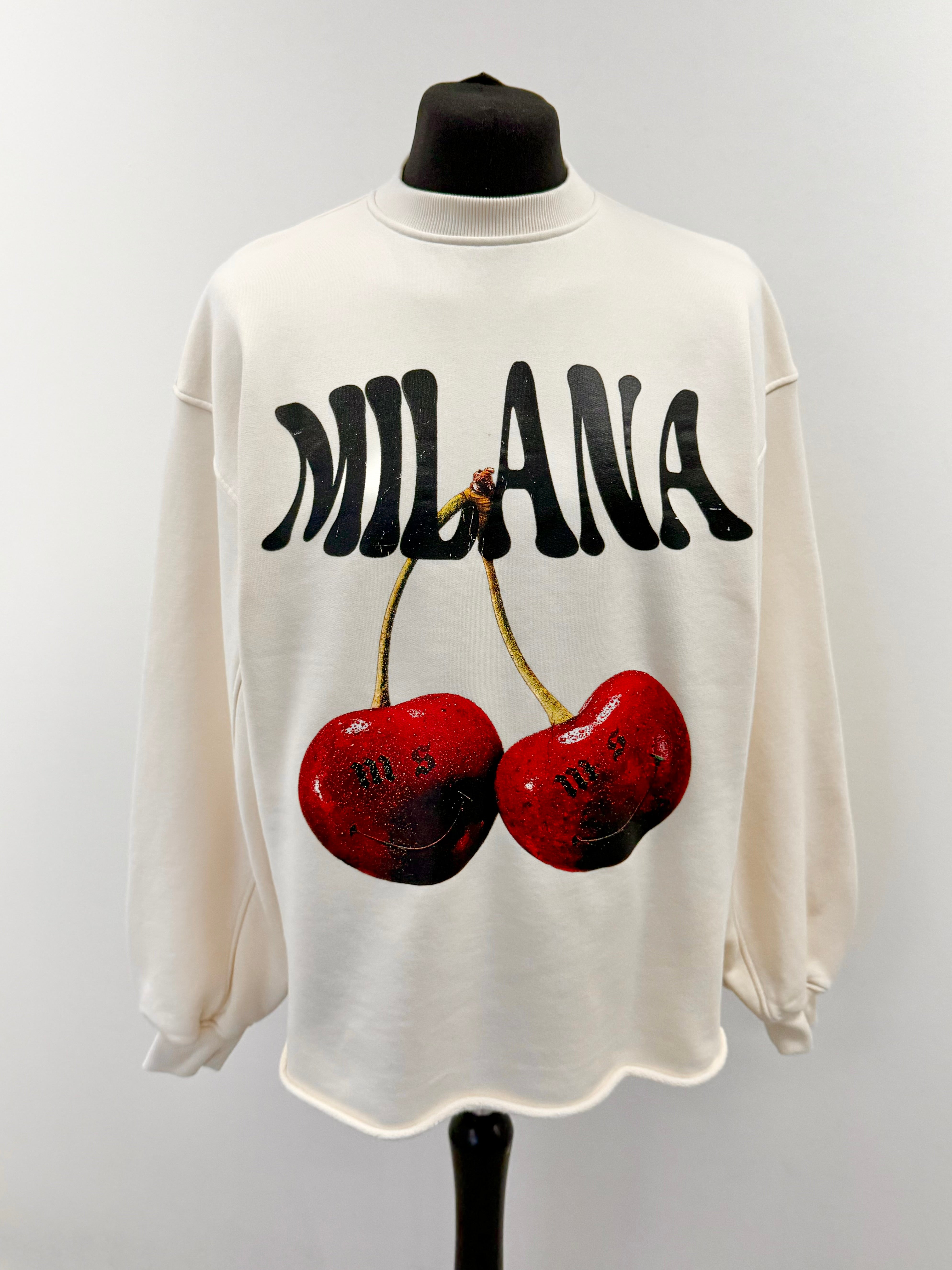 Cream Cherry Heavyweight Open Hem Sweatshirt.