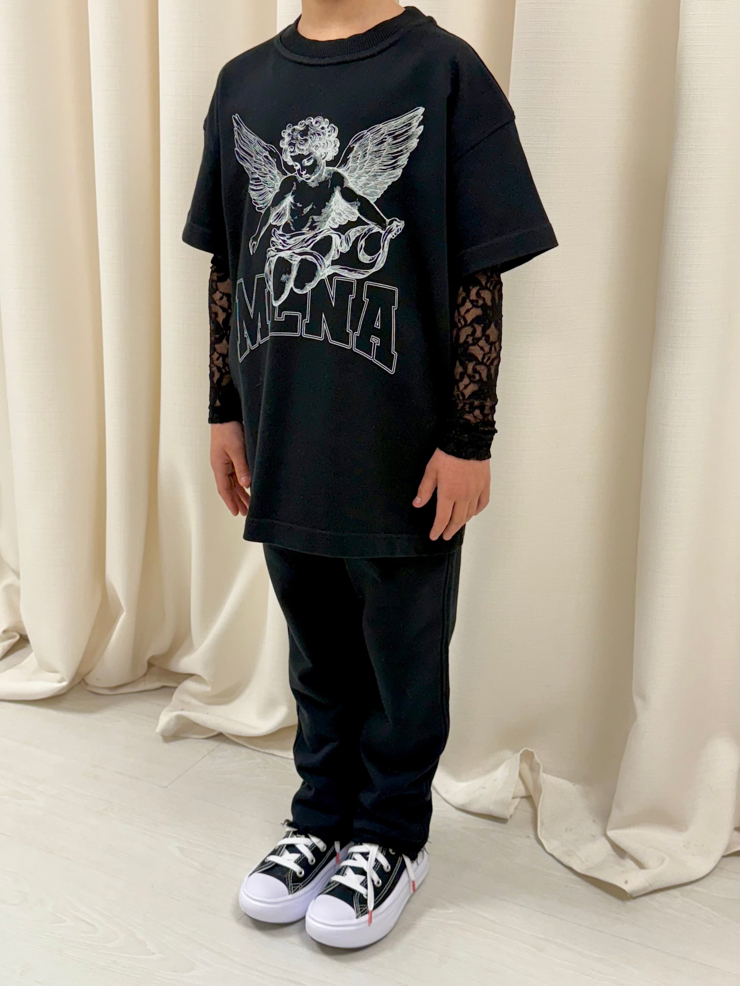 Black Stencilled Cherub Lace Kids Long Sleeve.