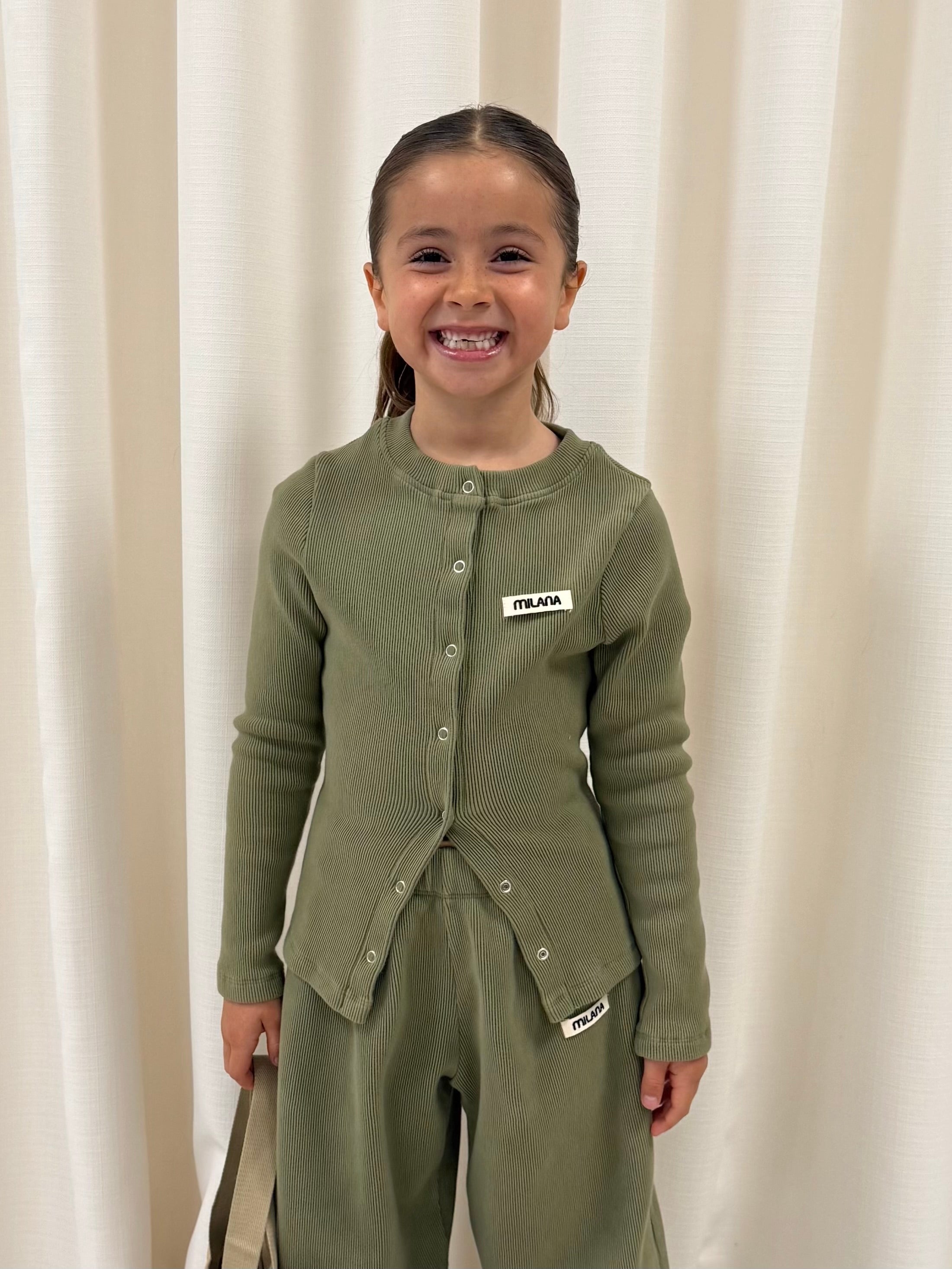 Khaki Green Button Soft Rib Kids Long Sleeve.