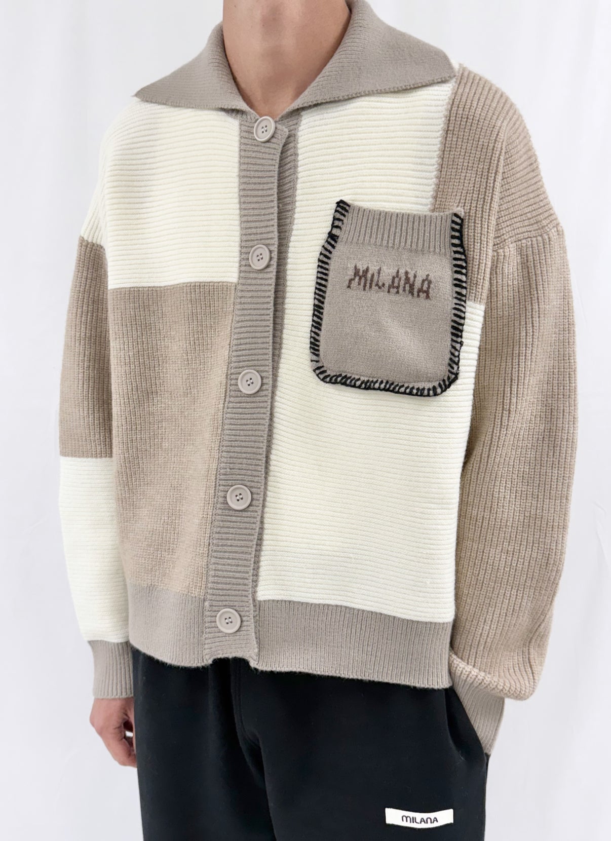 Oat Brown Multi Patchwork Heavyweight Knitted Cardigan.