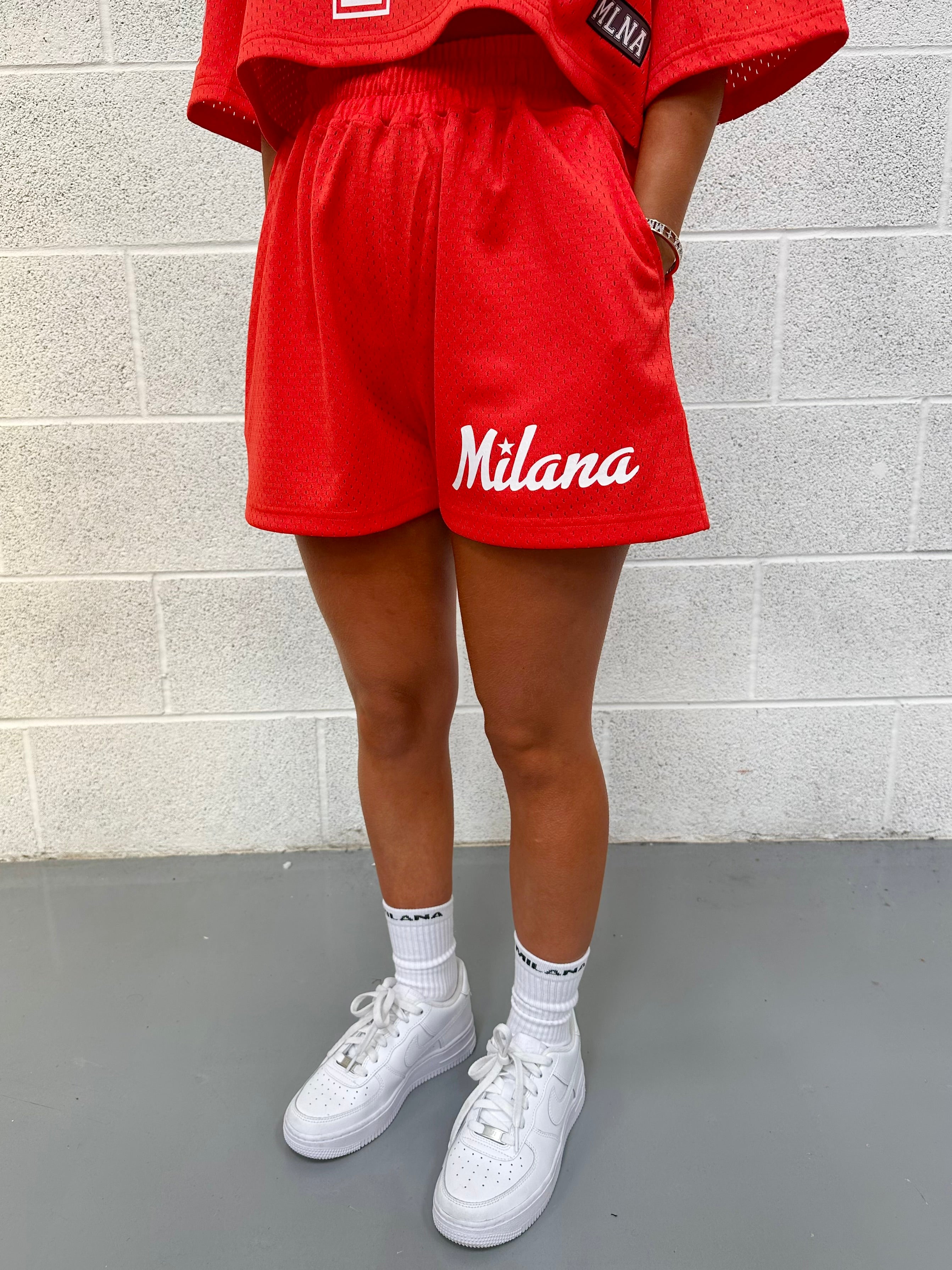 Red Mesh Mini Shorts.