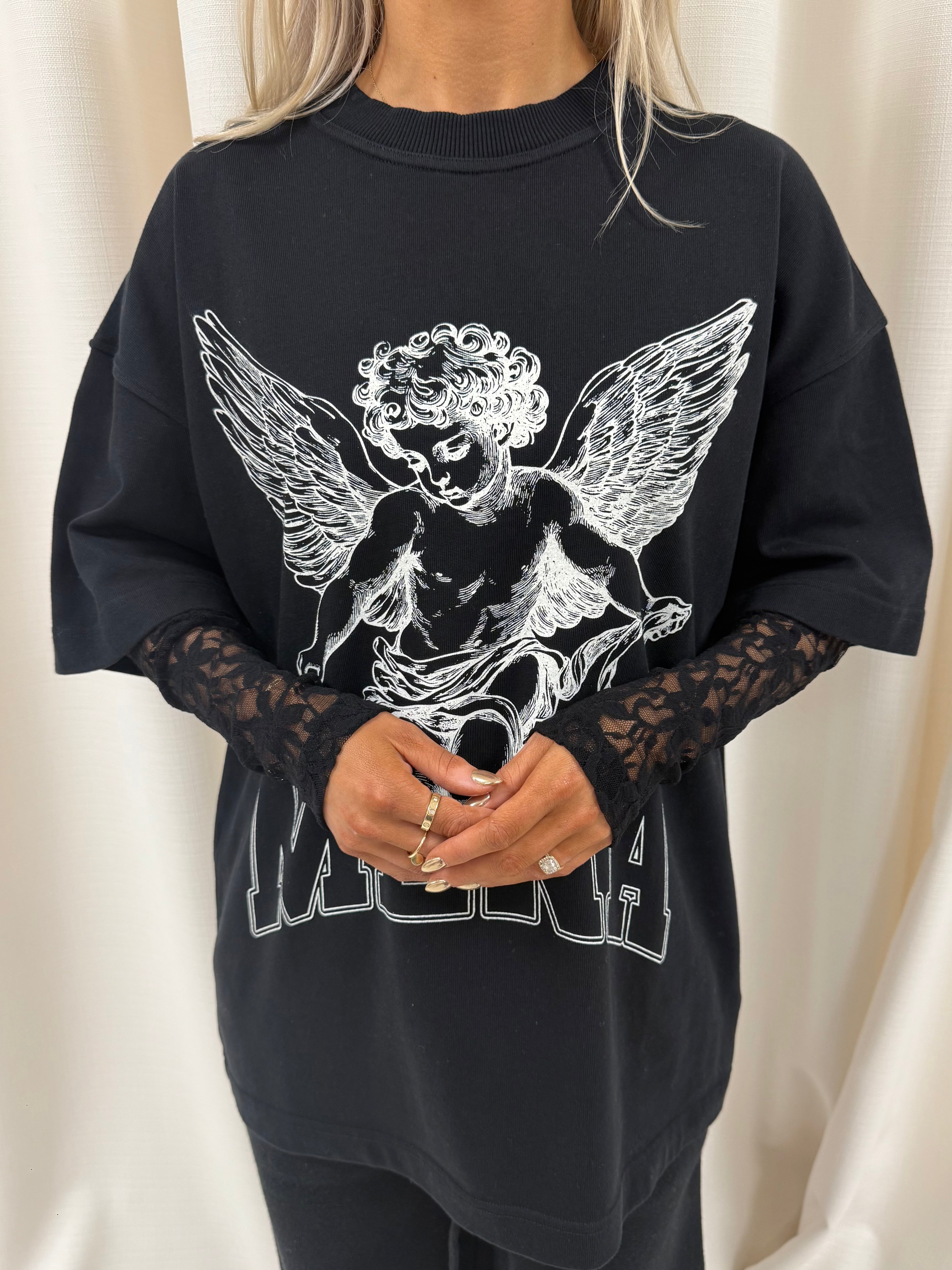 Black Lace Stenciled Cherub Heavyweight Long Sleeve.