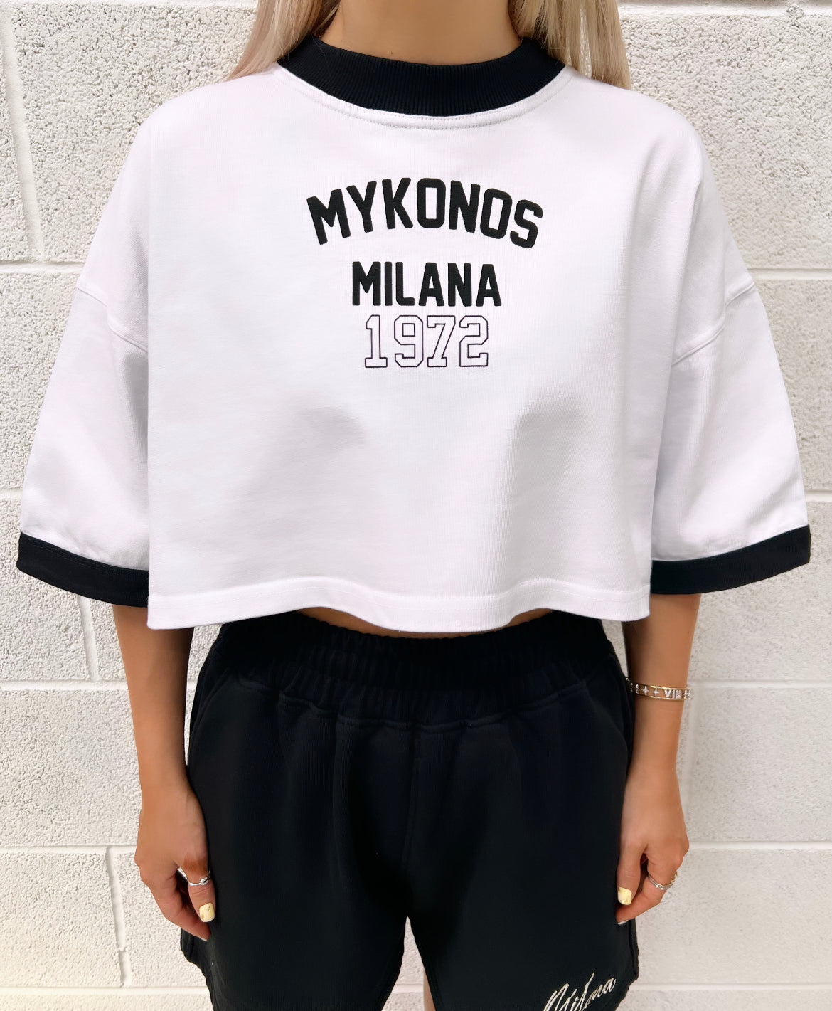 White And Black Mykonos Cropped Heavyweight T-shirt.